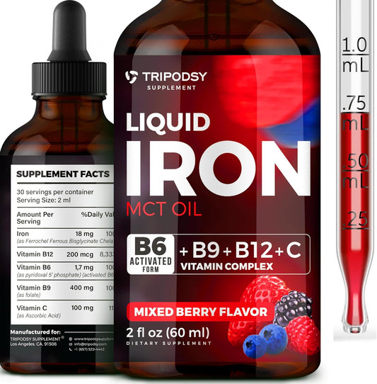 Liquid Iron Supplement with B6, B9, B12, and Vitamin C for Anemia and Immune Support - 2 Fl Oz Mixed Berry Iron Drops for Men and Women