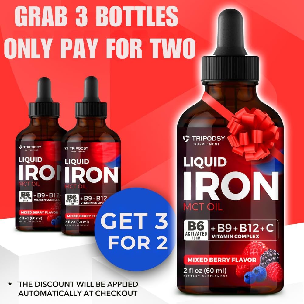 Liquid Iron Supplement with B6, B9, B12, and Vitamin C for Anemia and Immune Support - 2 Fl Oz Mixed Berry Iron Drops for Men and Women