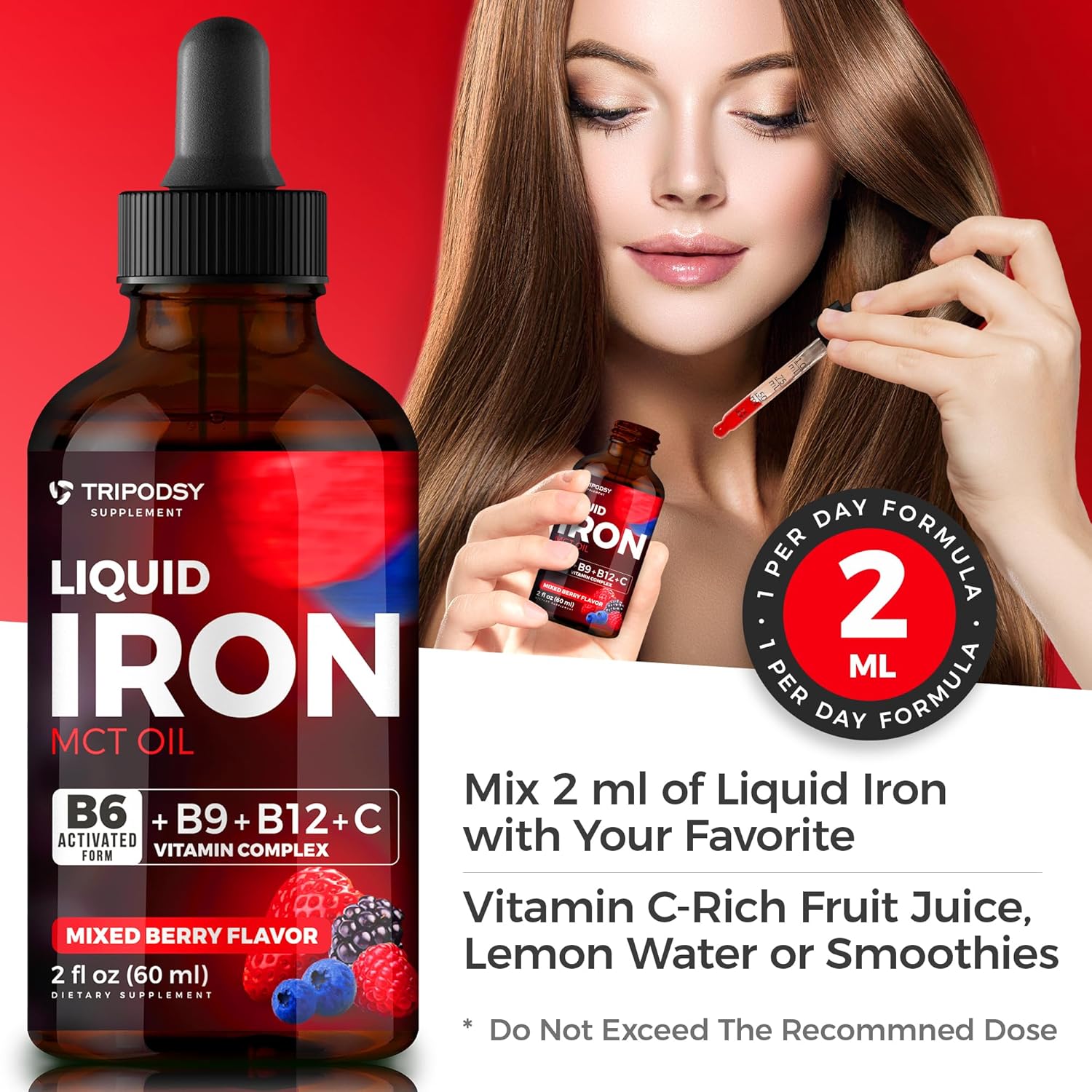 Liquid Iron Supplement with B6, B9, B12, and Vitamin C for Anemia and Immune Support - 2 Fl Oz Mixed Berry Iron Drops for Men and Women