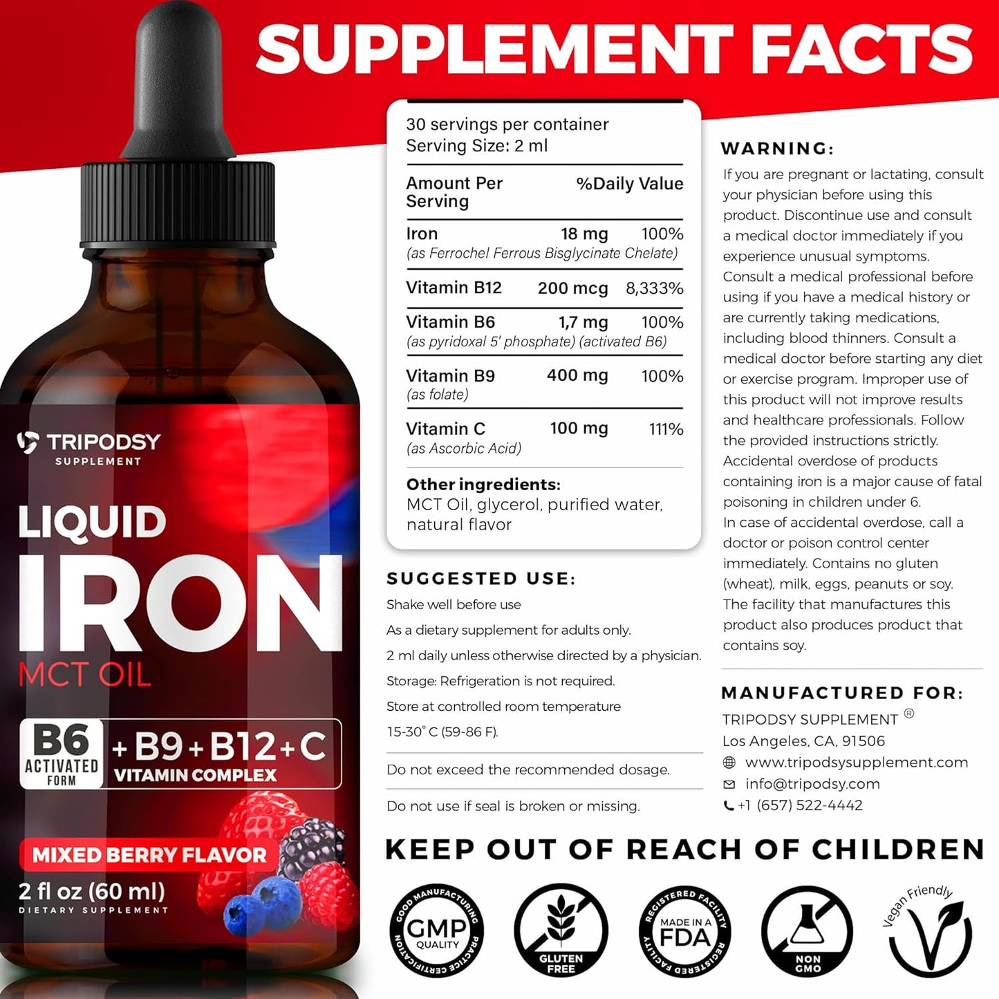 Liquid Iron Supplement with B6, B9, B12, and Vitamin C for Anemia and Immune Support - 2 Fl Oz Mixed Berry Iron Drops for Men and Women