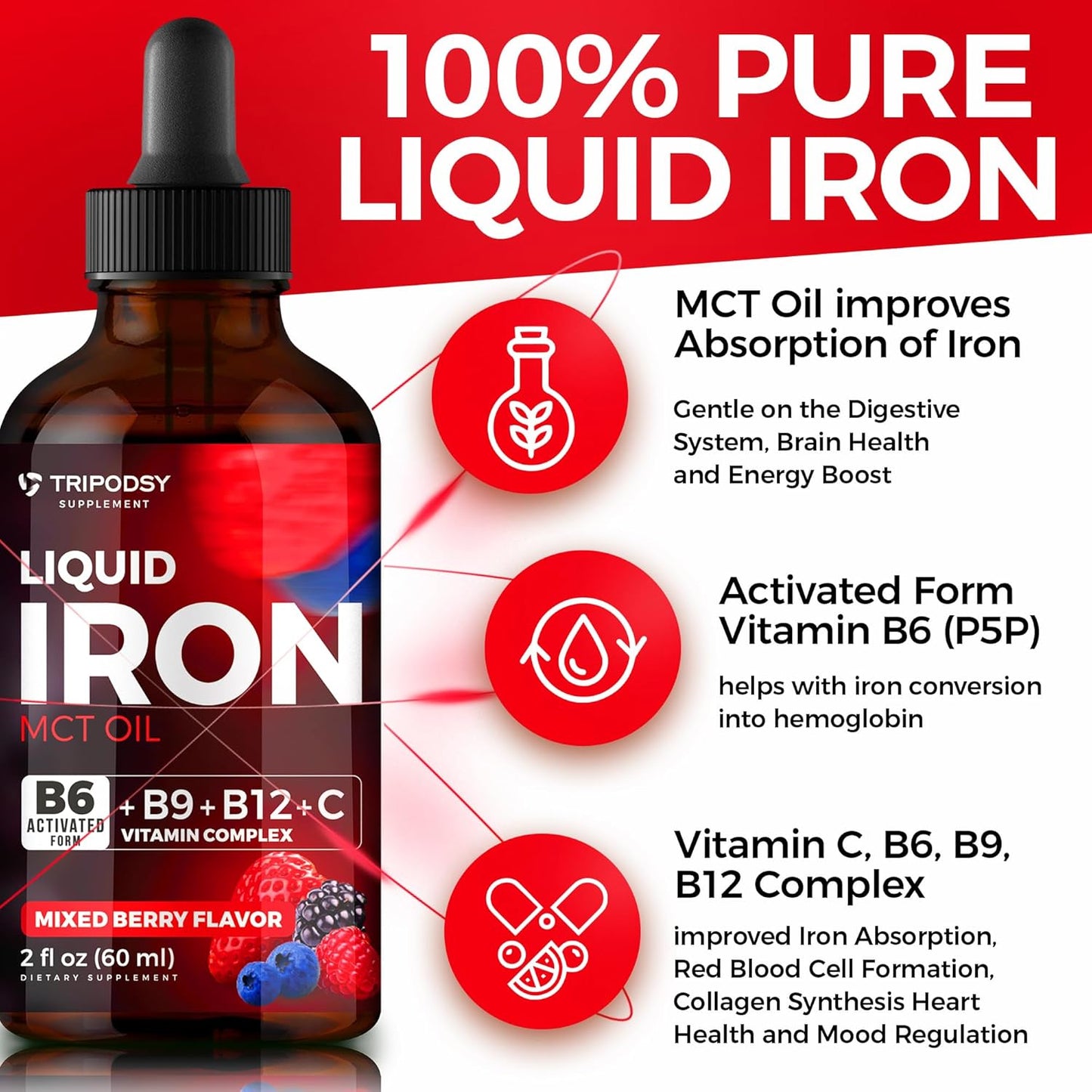 Liquid Iron Supplement with B6, B9, B12, and Vitamin C for Anemia and Immune Support - 2 Fl Oz Mixed Berry Iron Drops for Men and Women
