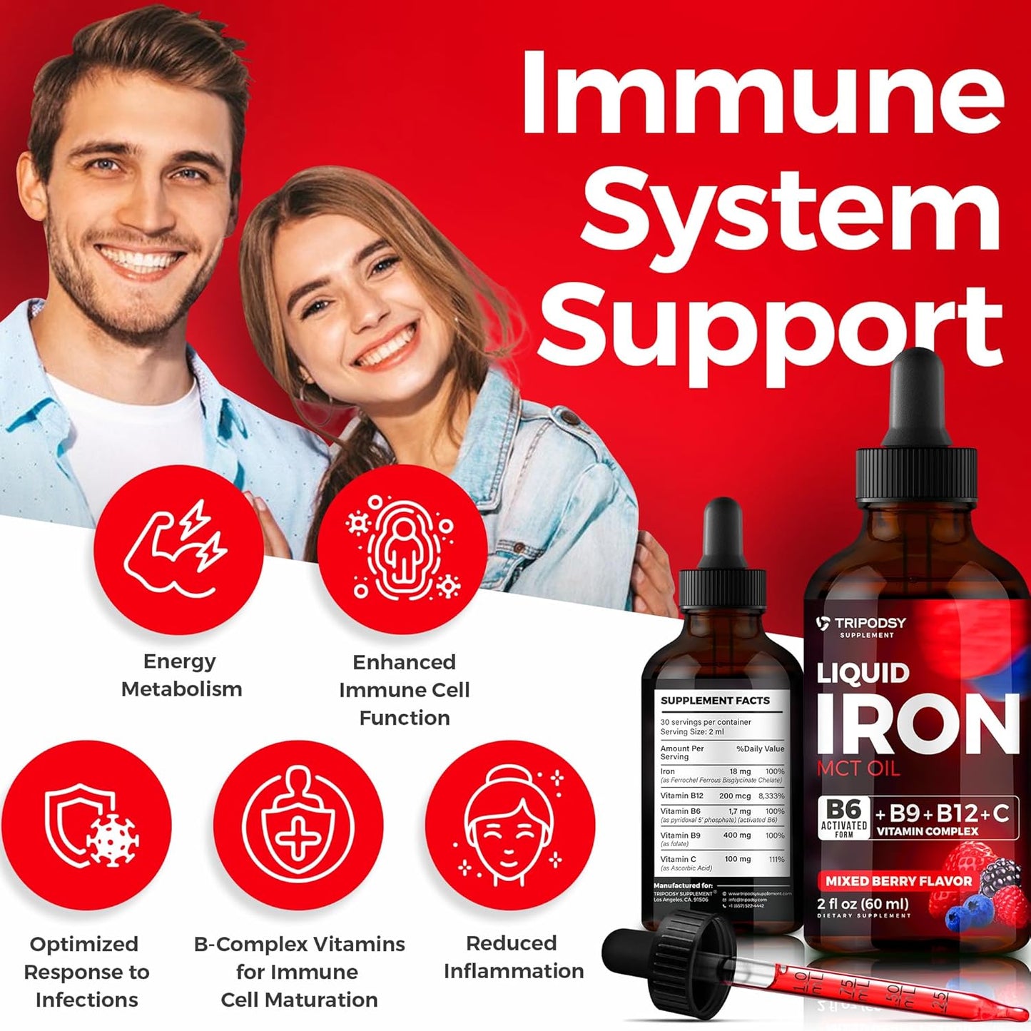 Liquid Iron Supplement with B6, B9, B12, and Vitamin C for Anemia and Immune Support - 2 Fl Oz Mixed Berry Iron Drops for Men and Women
