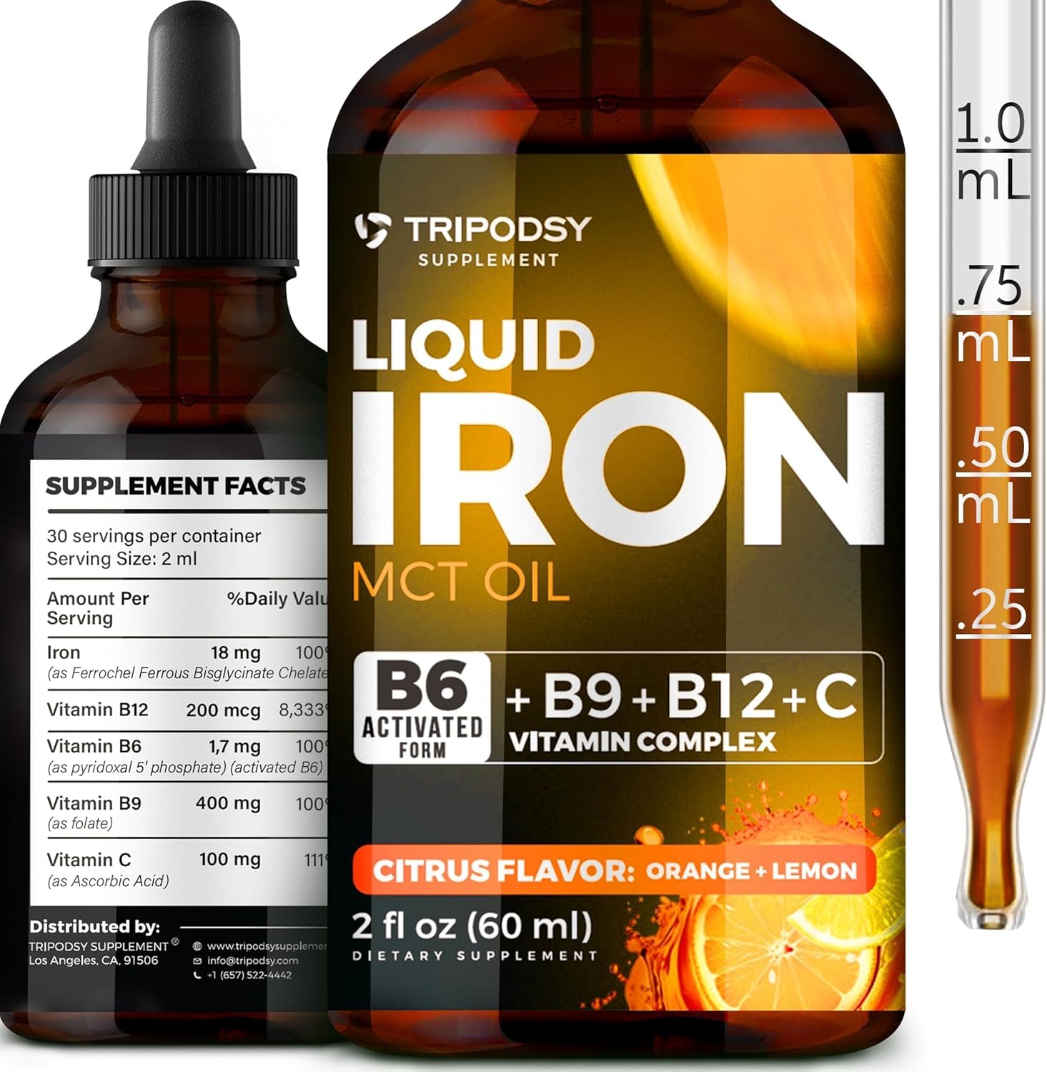 Liquid Iron Supplement with B6, B9, B12, Vitamin C - Iron Drops for Anemia, Blood Builder, Folate - Immune Support - 2 Fl Oz, Citrus