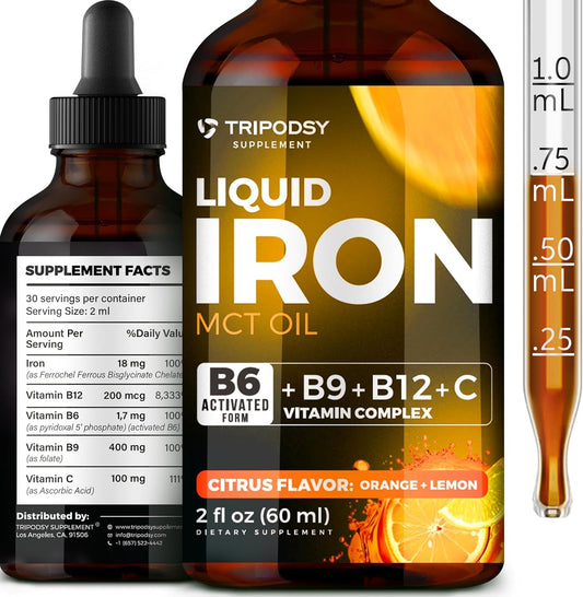 Liquid Iron Supplement with B6, B9, B12, Vitamin C - Iron Drops for Anemia, Blood Builder, Folate - Immune Support - 2 Fl Oz, Citrus