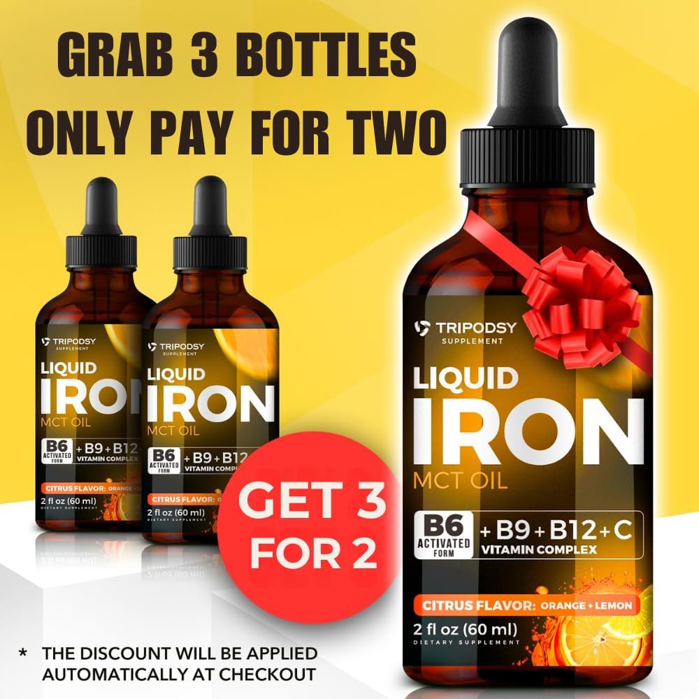 Liquid Iron Supplement with B6, B9, B12, Vitamin C - Iron Drops for Anemia, Blood Builder, Folate - Immune Support - 2 Fl Oz, Citrus