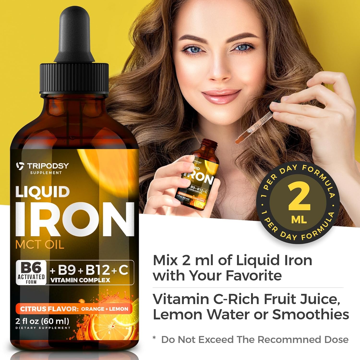 Liquid Iron Supplement with B6, B9, B12, Vitamin C - Iron Drops for Anemia, Blood Builder, Folate - Immune Support - 2 Fl Oz, Citrus