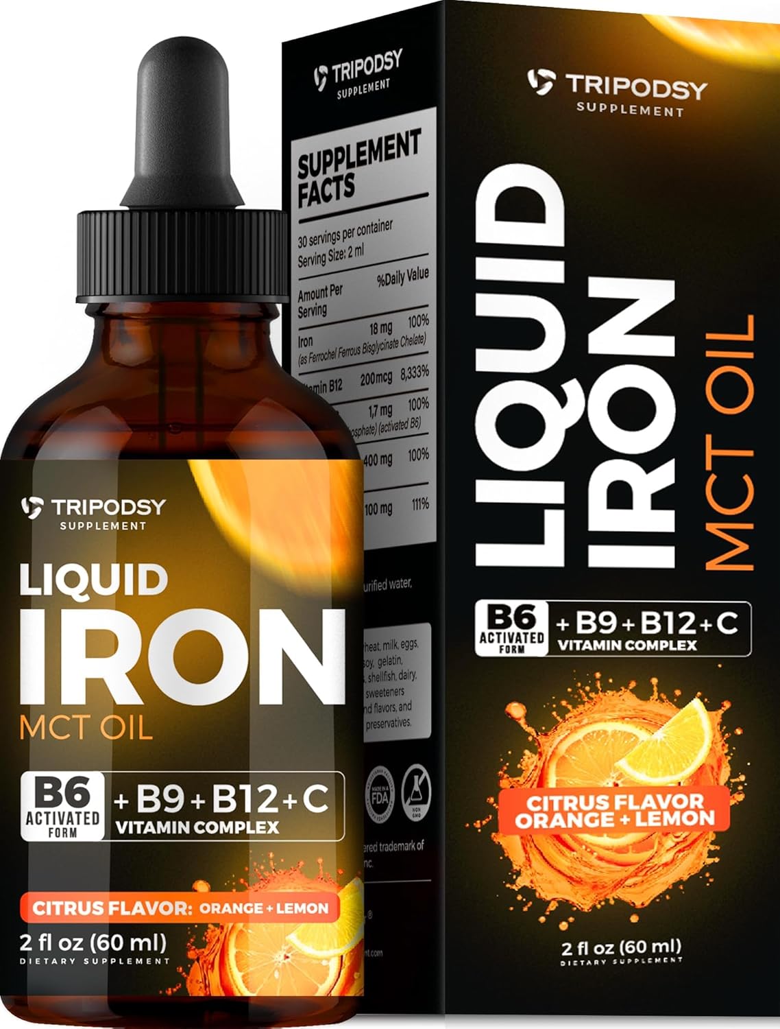 Liquid Iron Supplement with B6, B9, B12, Vitamin C - Iron Drops for Anemia, Blood Builder, Folate - Immune Support - 2 Fl Oz, Citrus