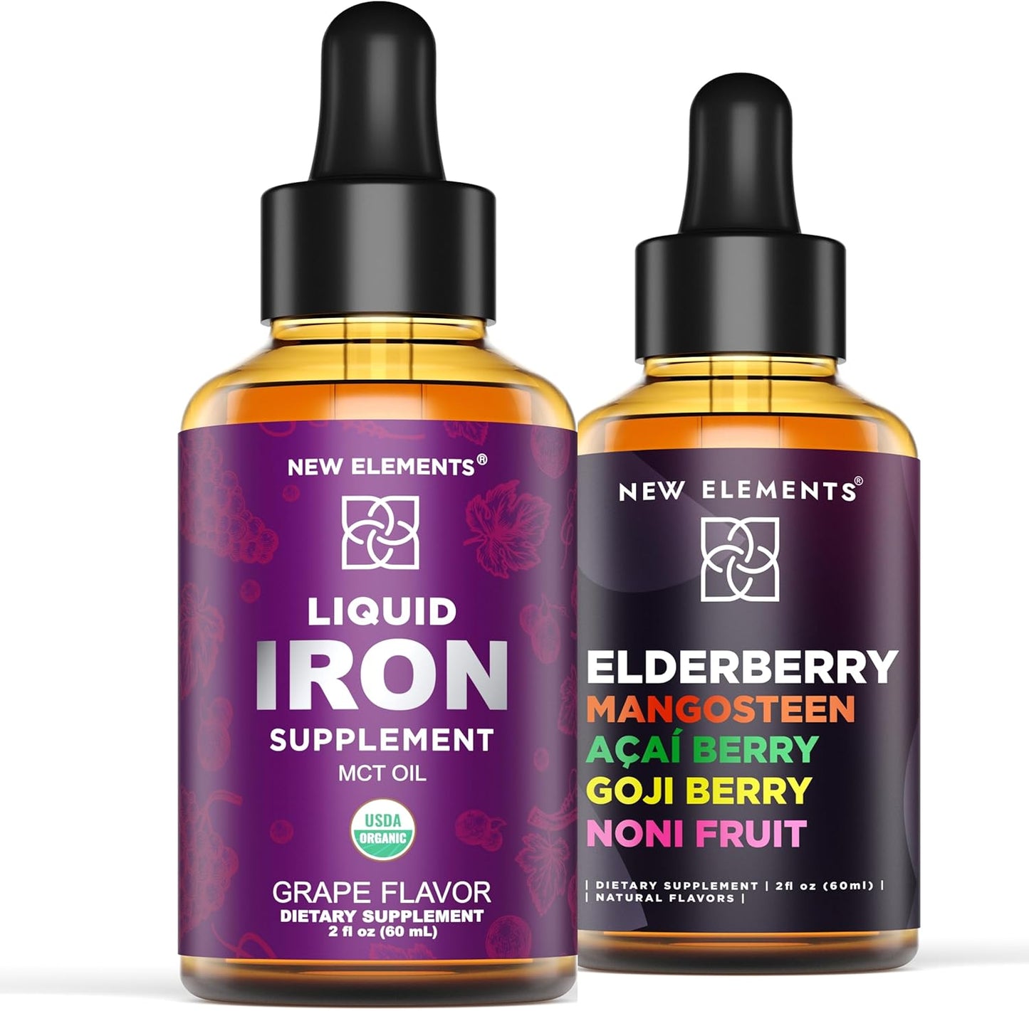 Liquid Iron Supplement with Elderberry, Acai Berry, Mangosteen, Goji Berry, and Noni Fruit - Vegan & Non-GMO - 18mg Iron Drops for Men & Women