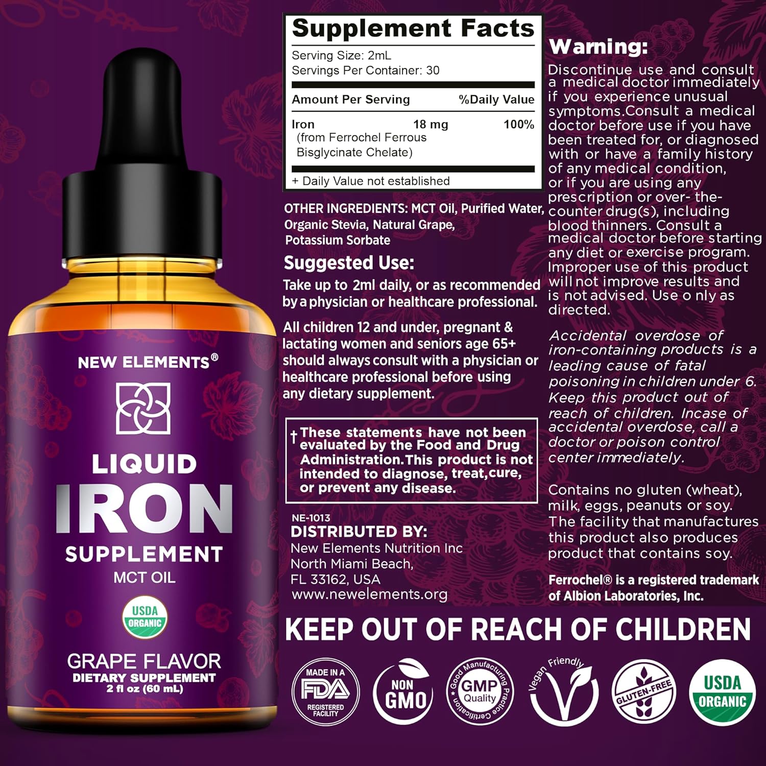 Liquid Iron Supplement with Elderberry, Acai Berry, Mangosteen, Goji Berry, and Noni Fruit - Vegan & Non-GMO - 18mg Iron Drops for Men & Women