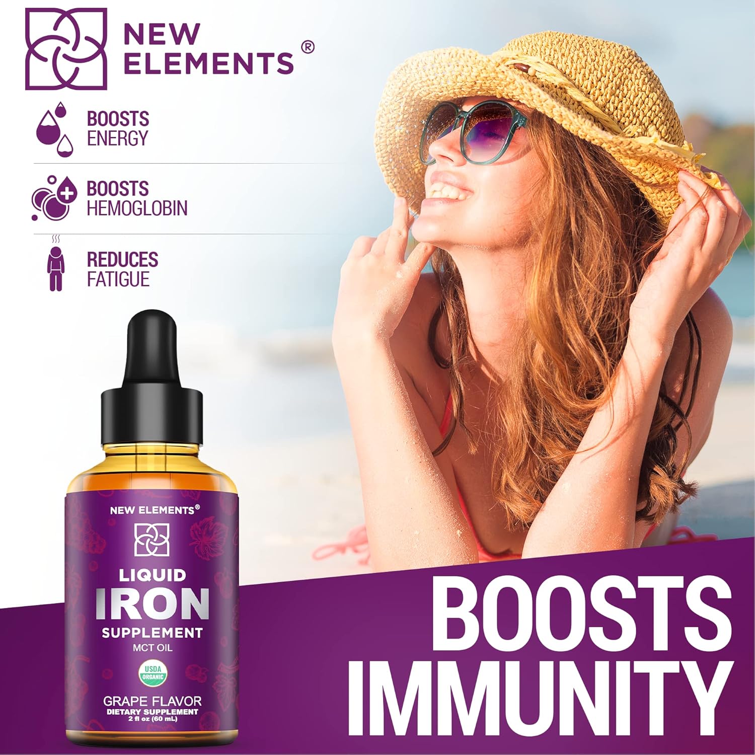Liquid Iron Supplement with Elderberry, Acai Berry, Mangosteen, Goji Berry, and Noni Fruit - Vegan & Non-GMO - 18mg Iron Drops for Men & Women