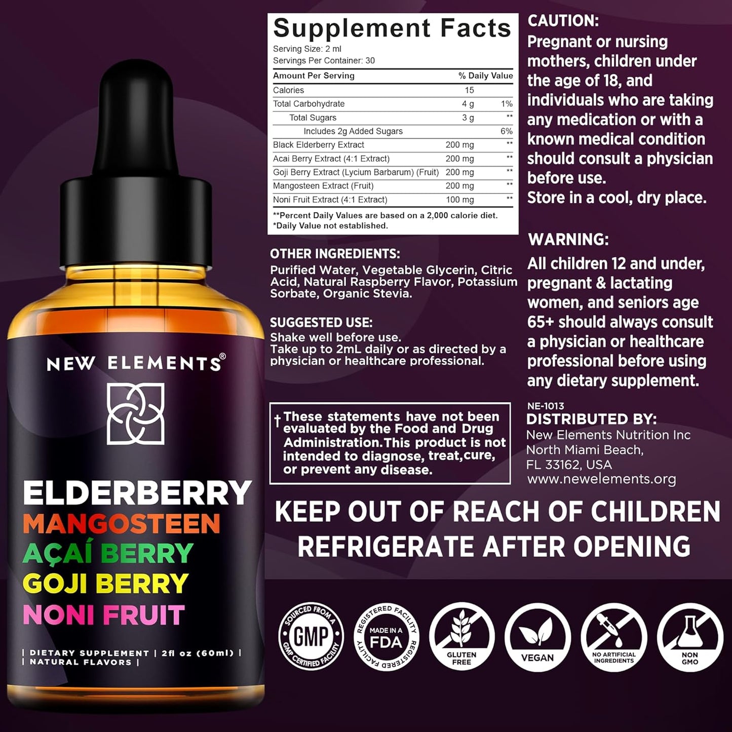 Liquid Iron Supplement with Elderberry, Acai Berry, Mangosteen, Goji Berry, and Noni Fruit - Vegan & Non-GMO - 18mg Iron Drops for Men & Women