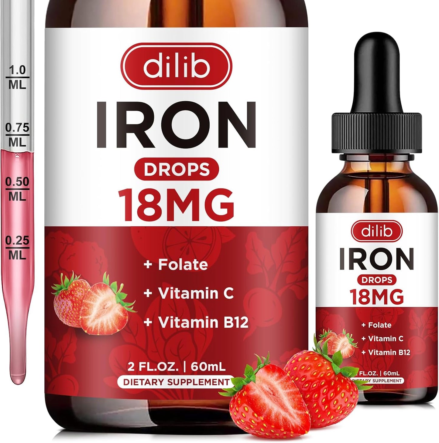 Liquid Iron Supplement with Folate, Vitamin C, and B12 for Anemia Support - Strawberry Flavor - 2 Fl Oz Bottle