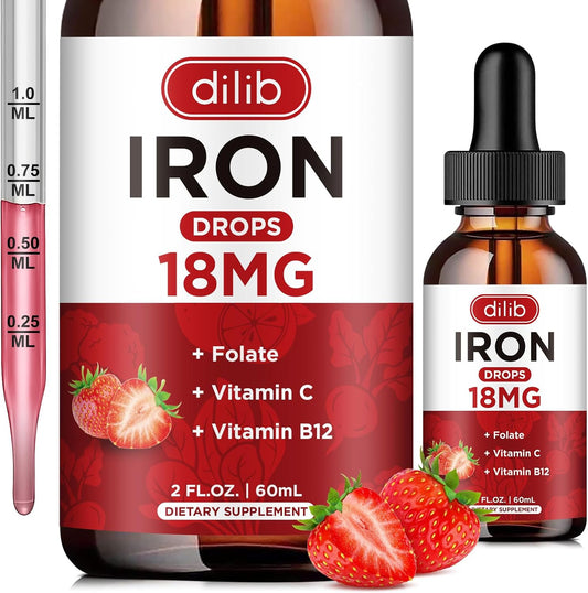 Liquid Iron Supplement with Folate, Vitamin C, and B12 for Anemia Support - Strawberry Flavor - 2 Fl Oz Bottle