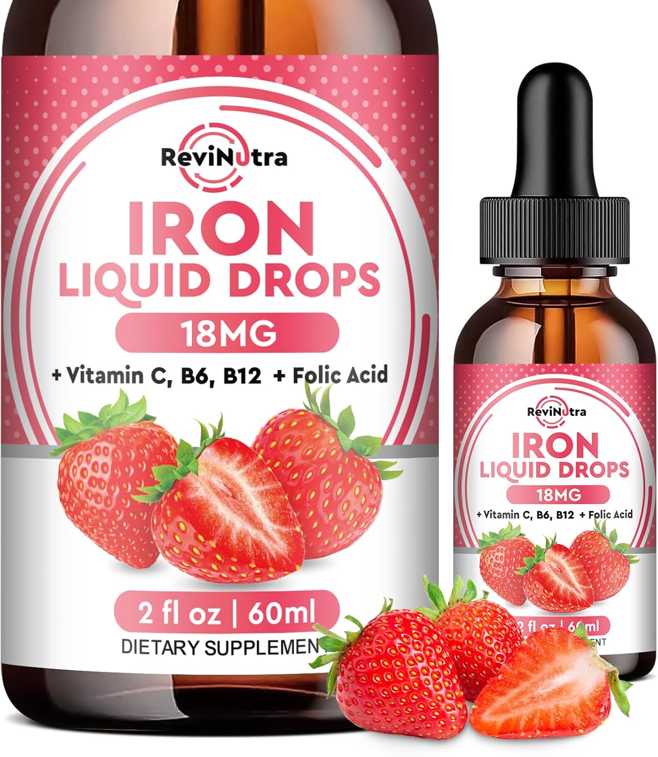 Liquid Iron Supplement with Folate, Vitamin C, B6, B12 for Anemia Support - Strawberry Flavor - 2 Fl Oz