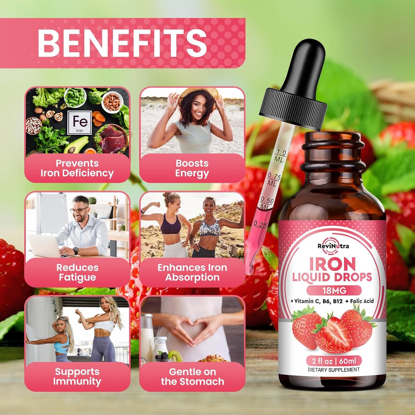 Liquid Iron Supplement with Folate, Vitamin C, B6, B12 for Anemia Support - Strawberry Flavor - 2 Fl Oz