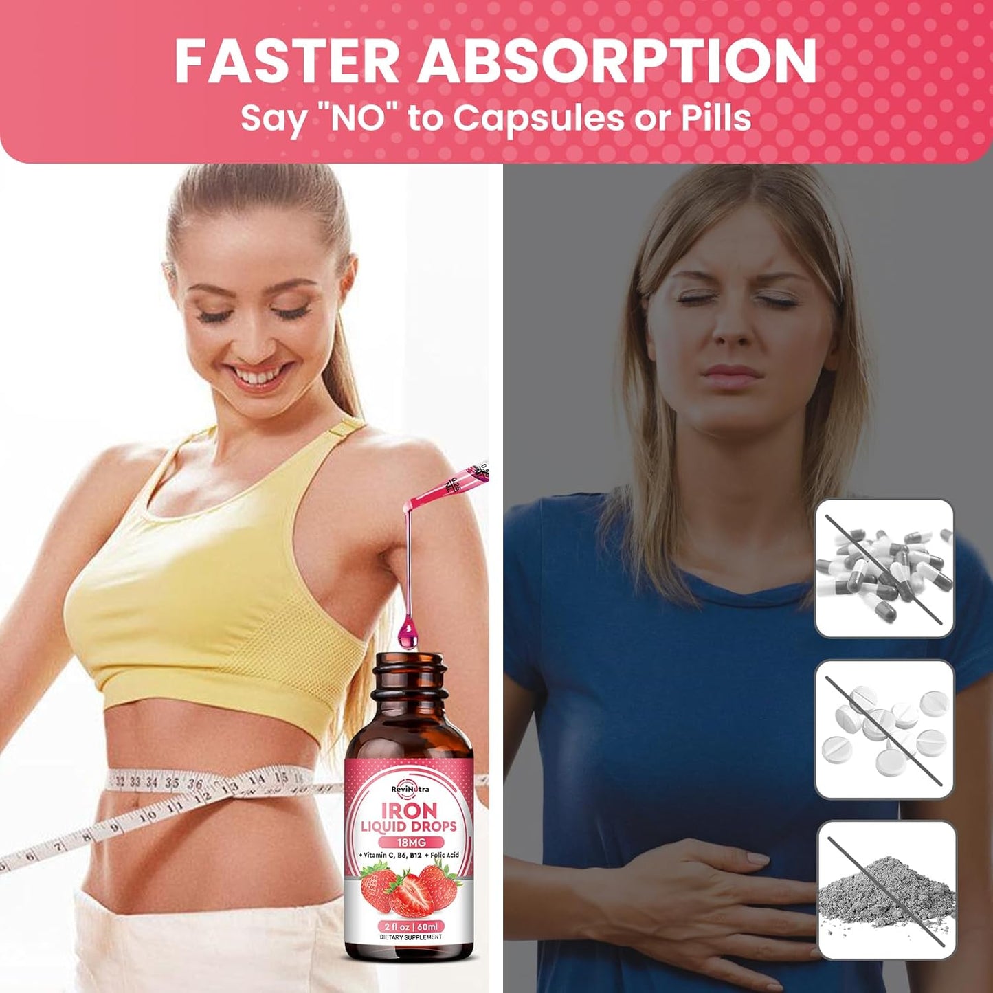 Liquid Iron Supplement with Folate, Vitamin C, B6, B12 for Anemia Support - Strawberry Flavor - 2 Fl Oz