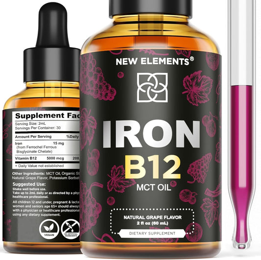 Liquid Iron Supplement with Vitamin B12 for Men & Women - Anemia Blood Builder - 5000mcg B12 Drops with MCT Oil - Natural Grape Flavor - 2oz