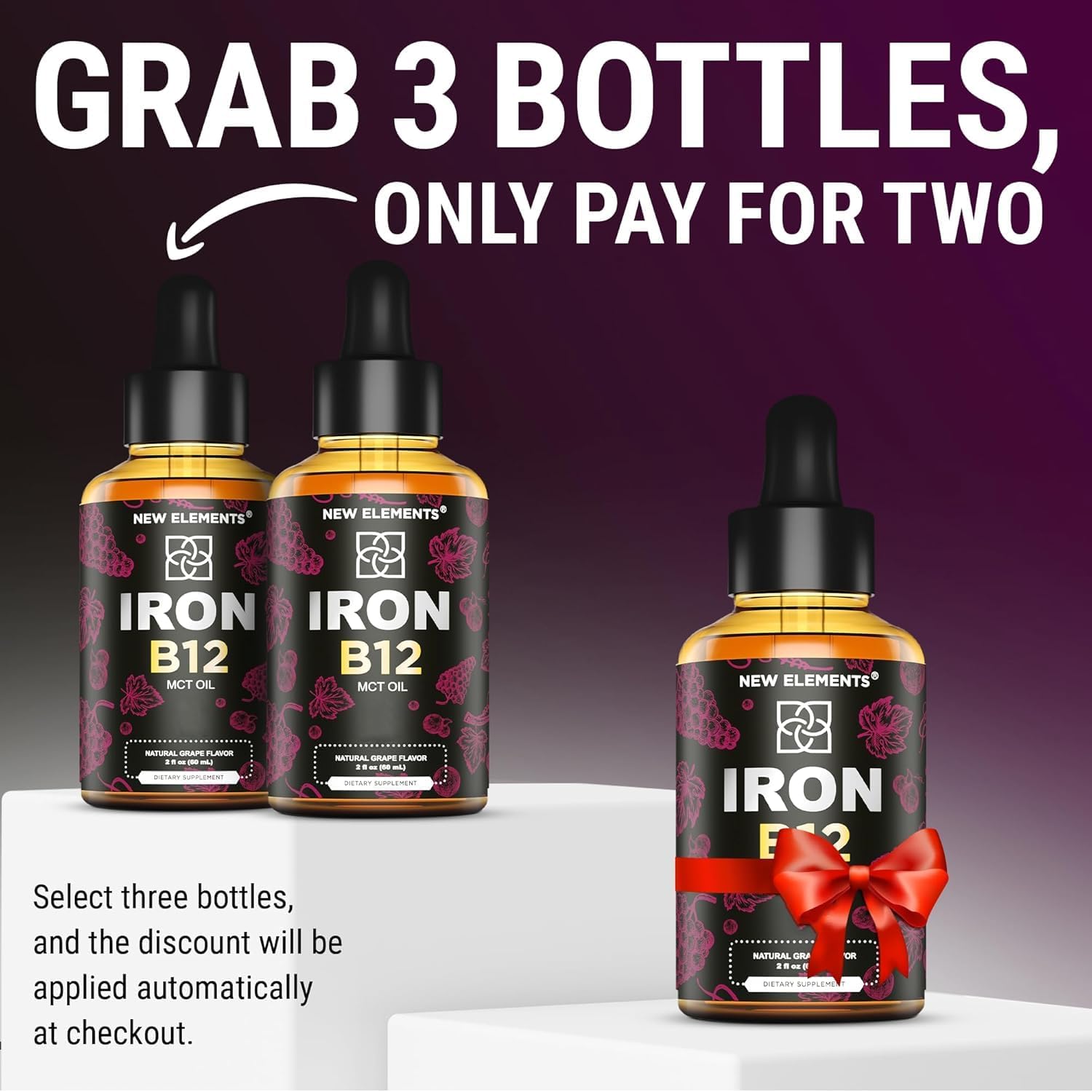 Liquid Iron Supplement with Vitamin B12 for Men & Women - Anemia Blood Builder - 5000mcg B12 Drops with MCT Oil - Natural Grape Flavor - 2oz