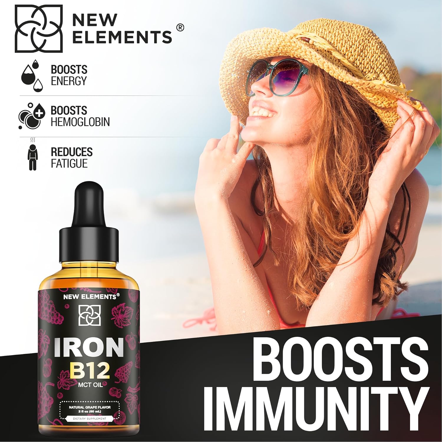 Liquid Iron Supplement with Vitamin B12 for Men & Women - Anemia Blood Builder - 5000mcg B12 Drops with MCT Oil - Natural Grape Flavor - 2oz