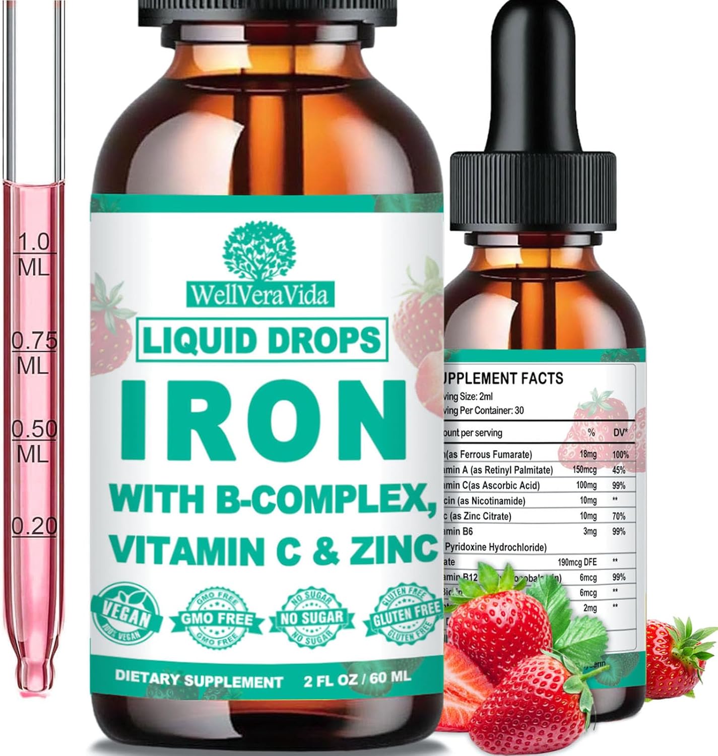 Liquid Iron Supplement with Vitamin C, B-Complex, High Potency Iron - Vegan Drops for Anemia & Fatigue - Red Blood Cell Support for Women & Kids
