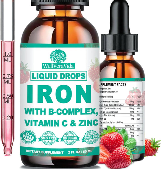 Liquid Iron Supplement with Vitamin C, B-Complex, High Potency Iron - Vegan Drops for Anemia & Fatigue - Red Blood Cell Support for Women & Kids