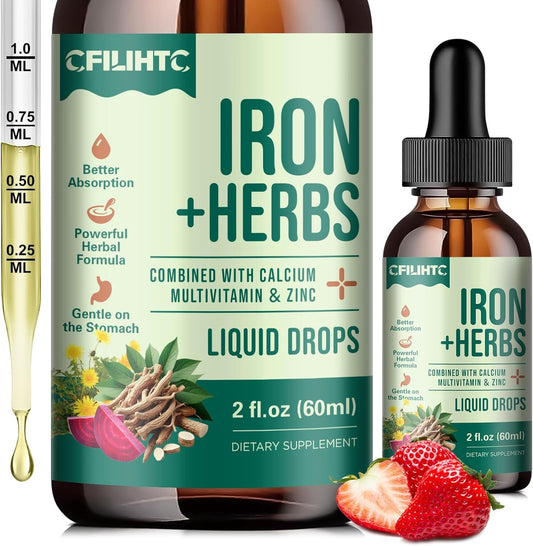 Liquid Iron Supplement with Women's Health Herb Blend, Calcium, Zinc & Multivitamin - Supports Blood Builder, Skin, Energy, Immune System - Vegan - 2 Fl Oz