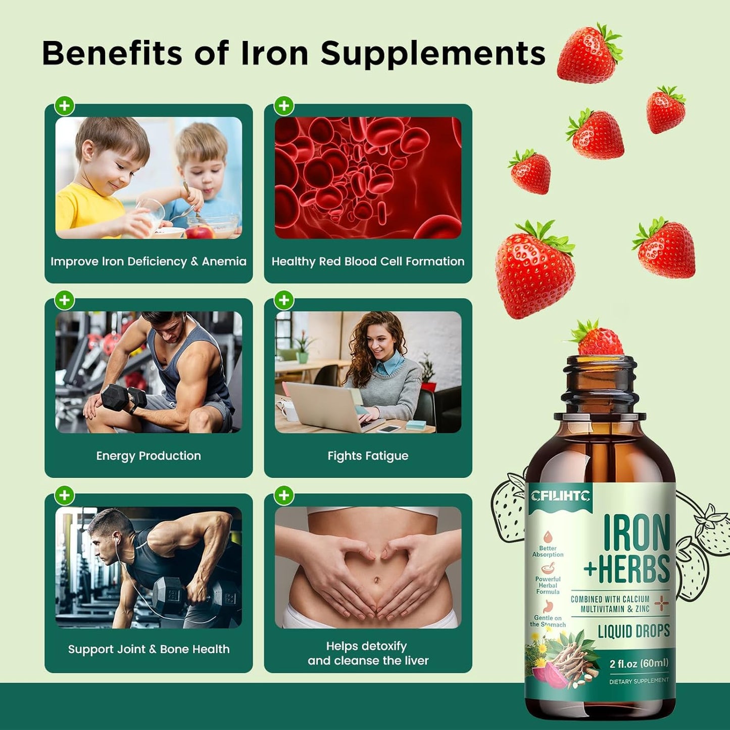 Liquid Iron Supplement with Women's Health Herb Blend, Calcium, Zinc & Multivitamin - Supports Blood Builder, Skin, Energy, Immune System - Vegan - 2 Fl Oz