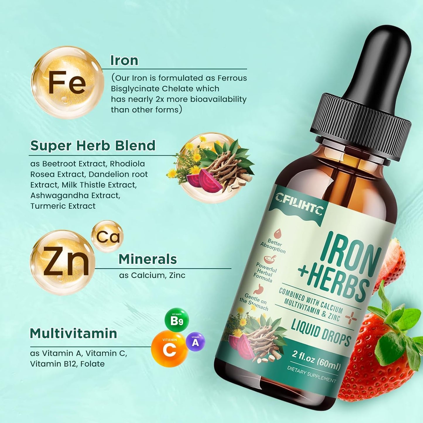 Liquid Iron Supplement with Women's Health Herb Blend, Calcium, Zinc & Multivitamin - Supports Blood Builder, Skin, Energy, Immune System - Vegan - 2 Fl Oz