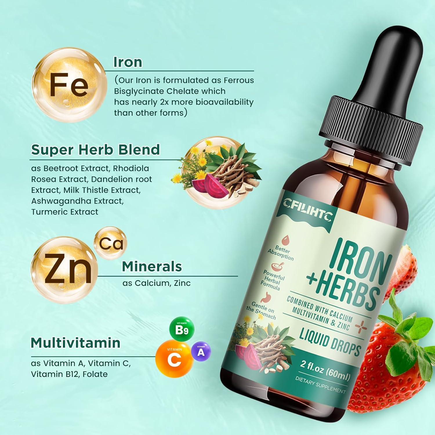 Liquid Iron Supplement with Women's Health Herb Blend, Calcium, Zinc & Multivitamin - Supports Blood Builder, Skin, Energy, Immune System - Vegan - 2 Fl Oz