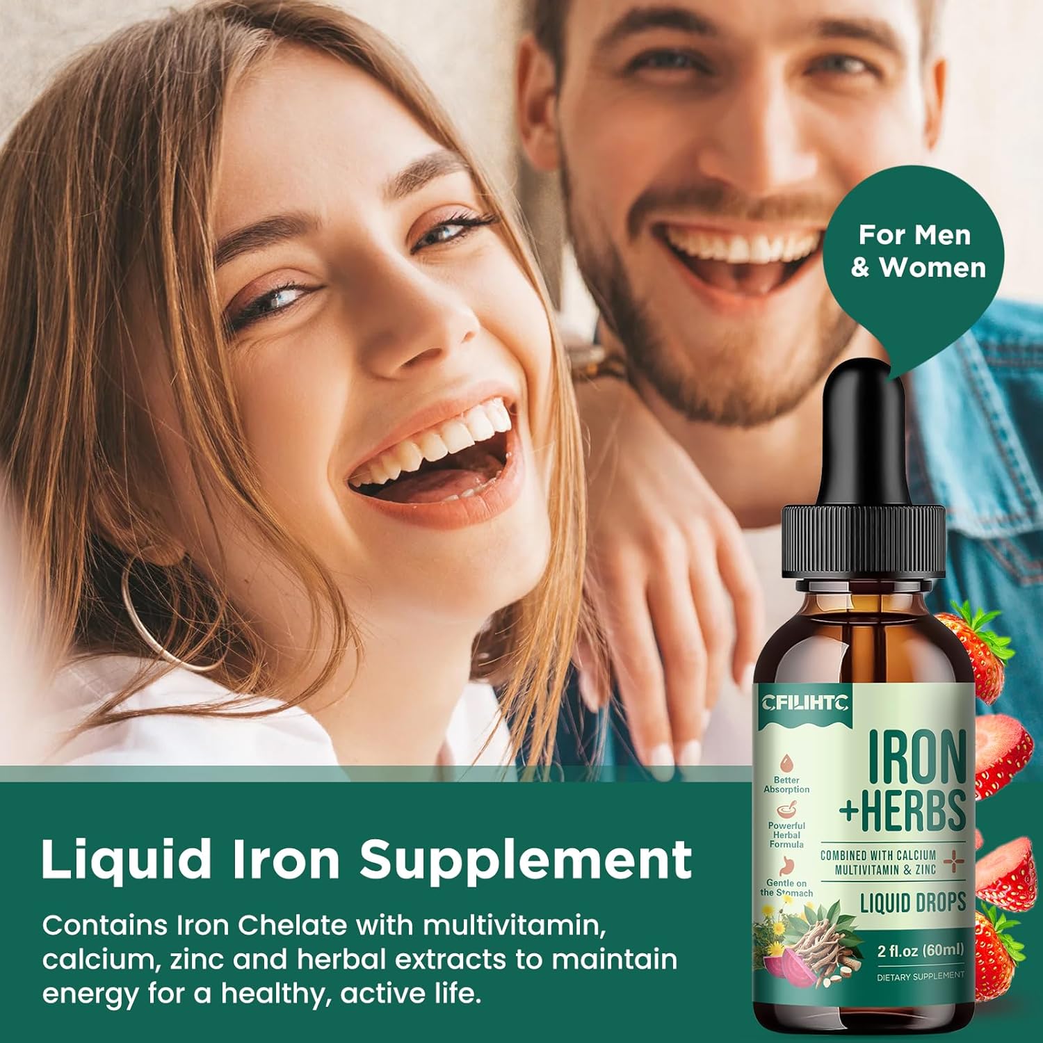 Liquid Iron Supplement with Women's Health Herb Blend, Calcium, Zinc & Multivitamin - Supports Blood Builder, Skin, Energy, Immune System - Vegan - 2 Fl Oz