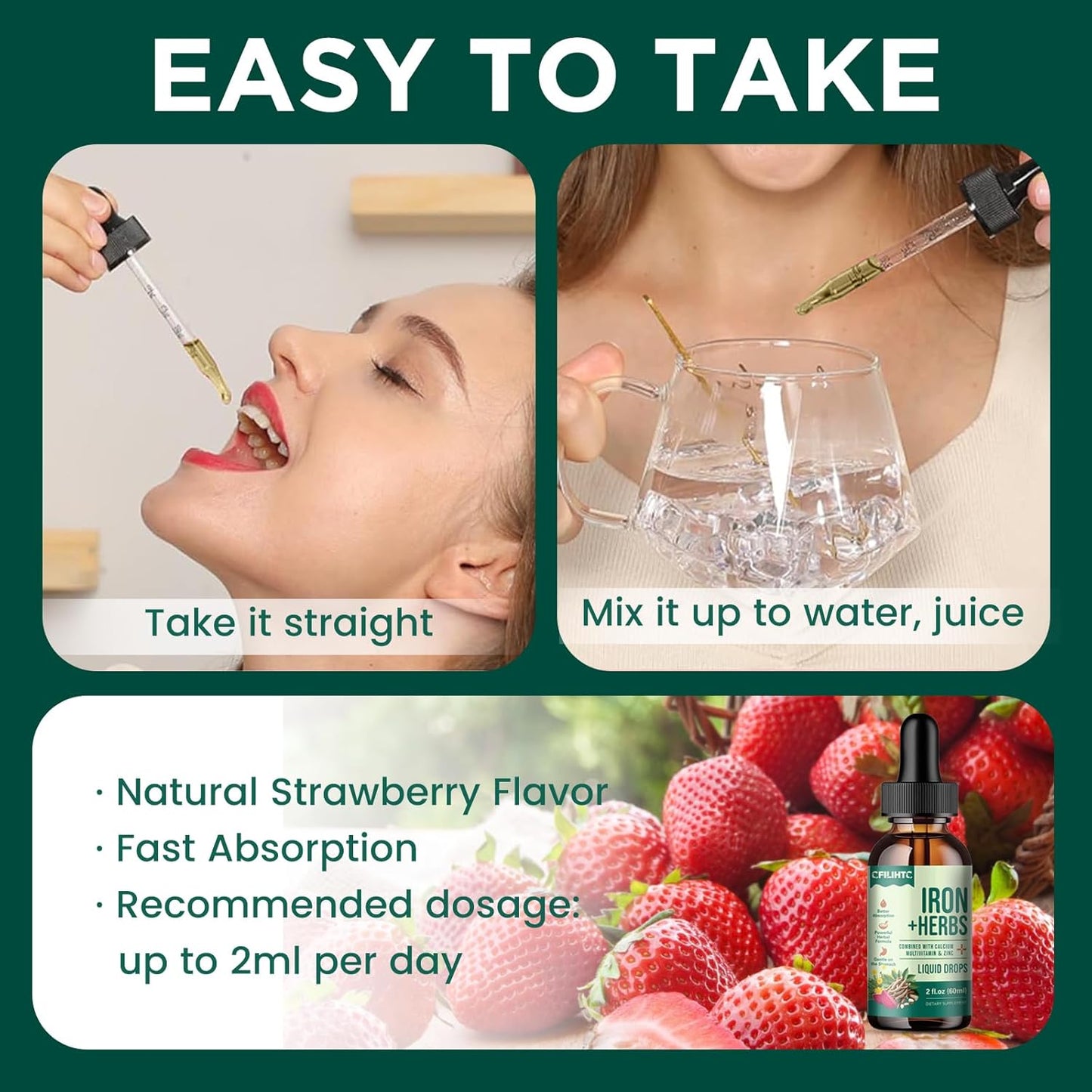 Liquid Iron Supplement with Women's Health Herb Blend, Calcium, Zinc & Multivitamin - Supports Blood Builder, Skin, Energy, Immune System - Vegan - 2 Fl Oz