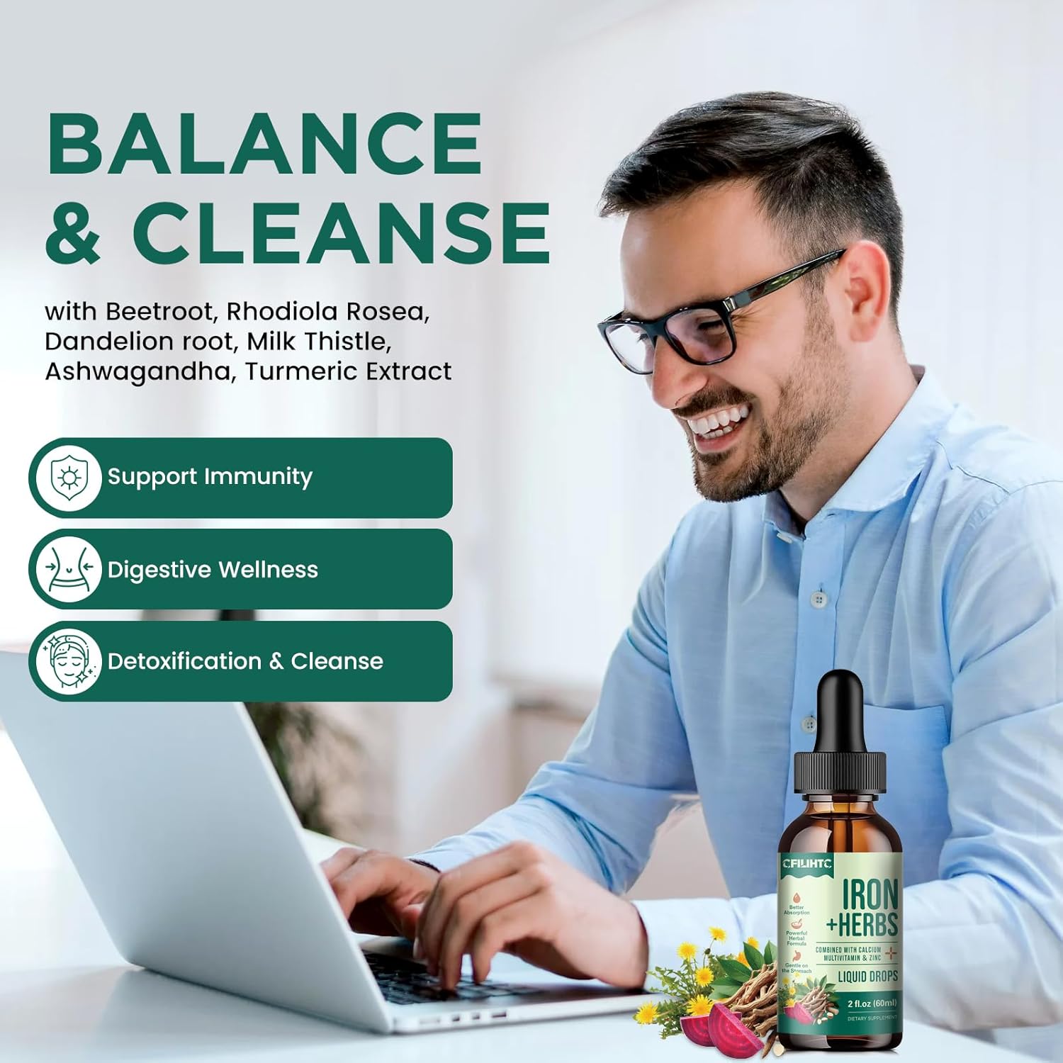 Liquid Iron Supplement with Women's Health Herb Blend, Calcium, Zinc & Multivitamin - Supports Blood Builder, Skin, Energy, Immune System - Vegan - 2 Fl Oz