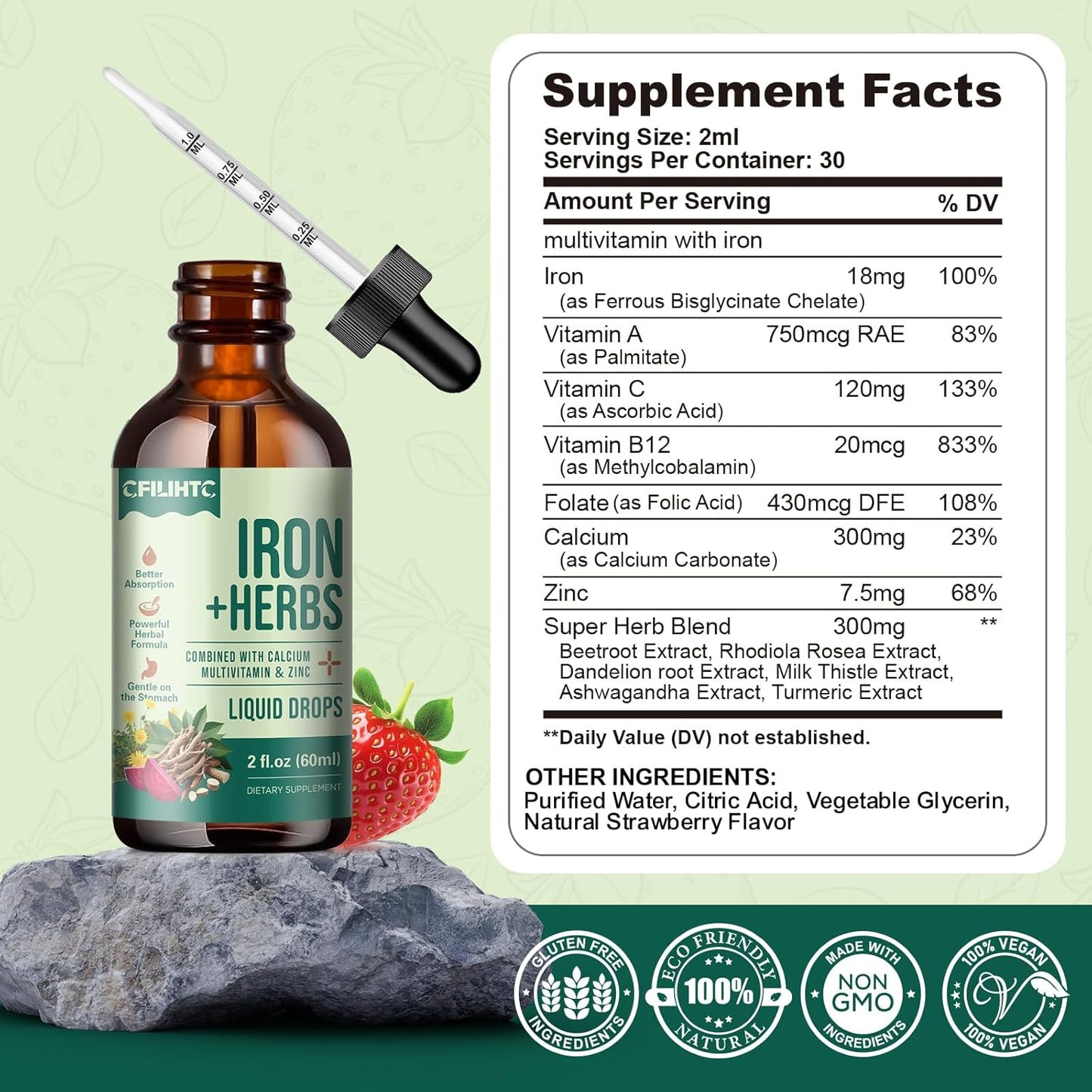 Liquid Iron Supplement with Women's Health Herb Blend, Calcium, Zinc & Multivitamin - Supports Blood Builder, Skin, Energy, Immune System - Vegan - 2 Fl Oz