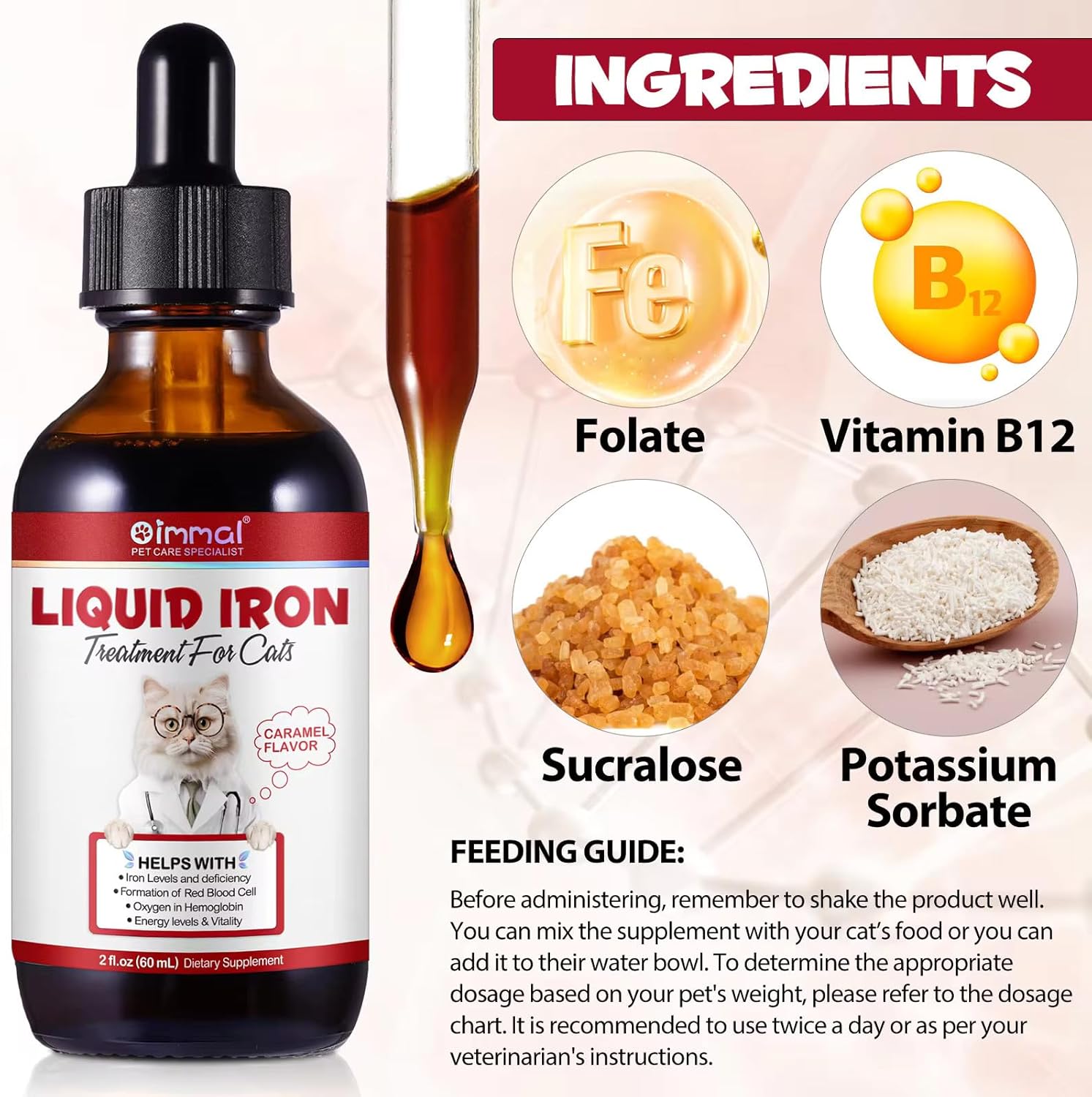 Liquid Iron Supplements for Cats and Kittens with Folate, B12 - Promotes Blood Health, Energy, Oxygen Supply - 2 oz