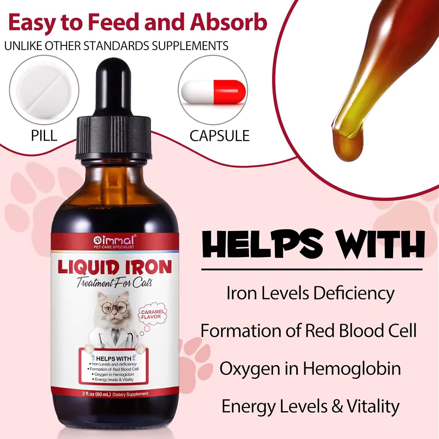Liquid Iron Supplements for Cats and Kittens with Folate, B12 - Promotes Blood Health, Energy, Oxygen Supply - 2 oz