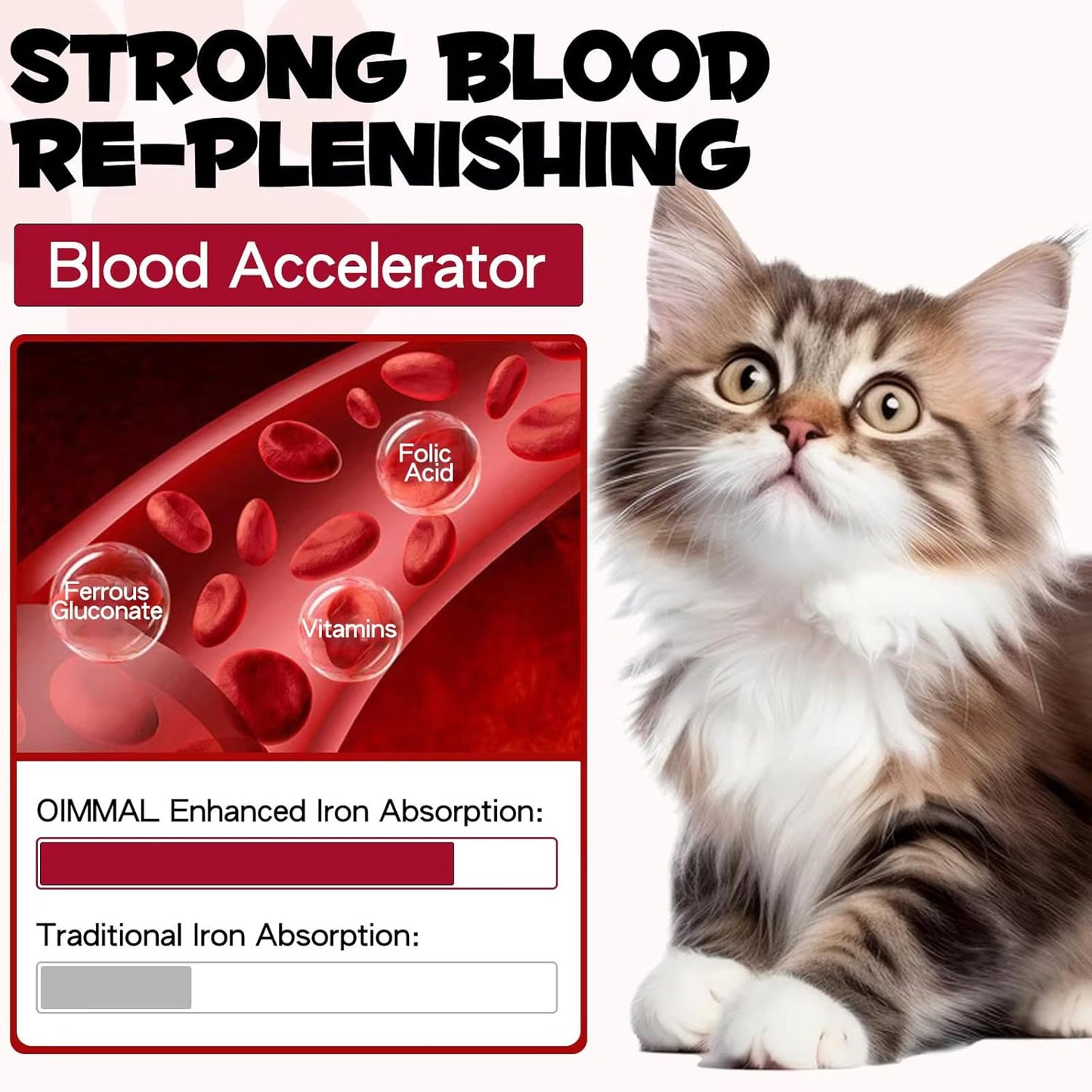 Liquid Iron Supplements for Cats and Kittens with Folate, B12 - Promotes Blood Health, Energy, Oxygen Supply - 2 oz