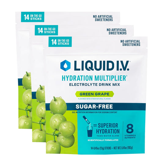 Liquid I.V.® Sugar-Free Green Grape Electrolyte Powder Drink Mix - 3 Pack (42 Servings) for Hydration Boost