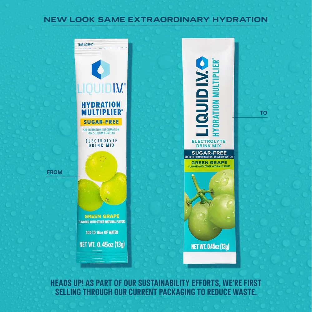 Liquid I.V.® Sugar-Free Green Grape Electrolyte Powder Drink Mix - 3 Pack (42 Servings) for Hydration Boost