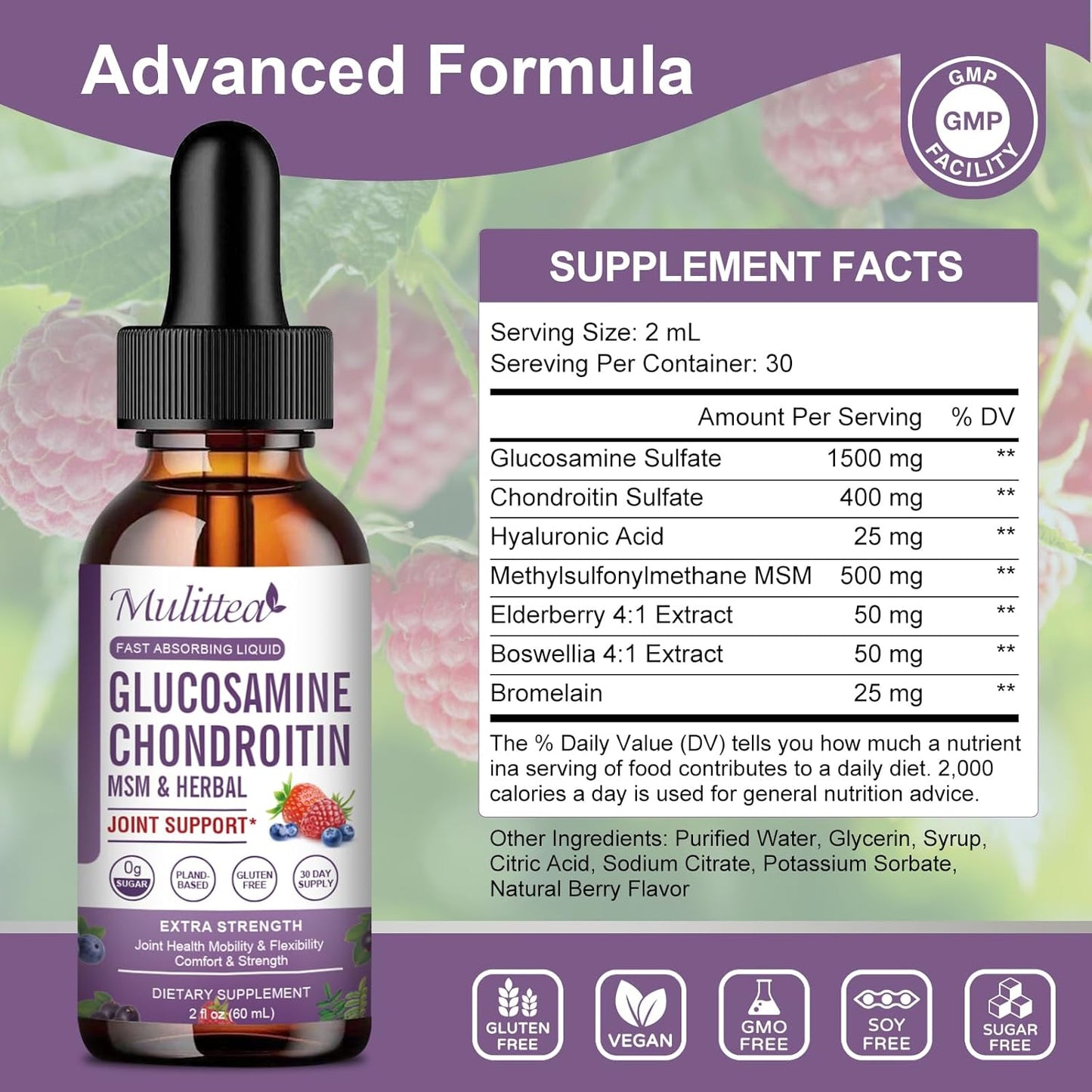 Liquid Joint Support Supplement with Glucosamine, Chondroitin, MSM, Elderberry, Boswelia, Bromelain, and Hyaluronic Acid - Antioxidant Immune Support for Adults - Pack of 2