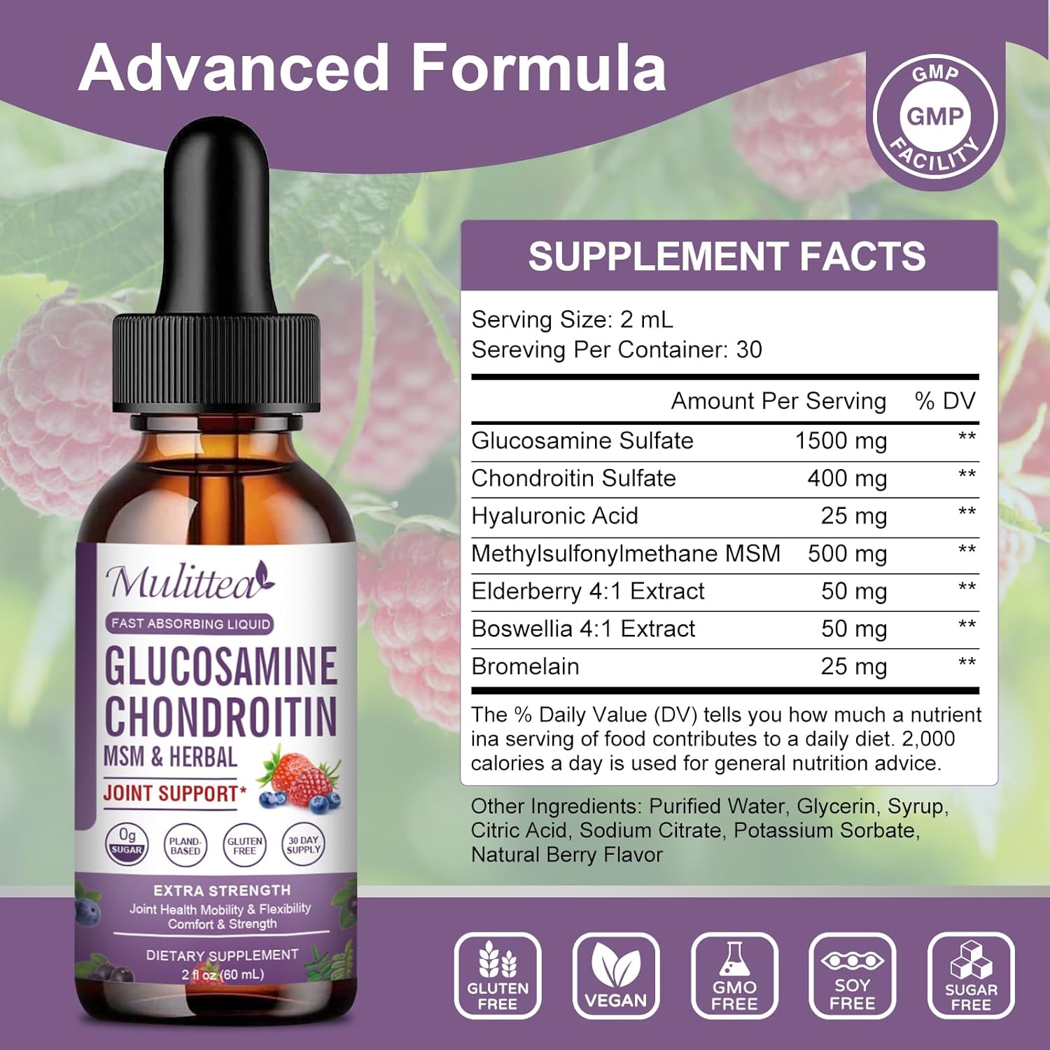 Liquid Joint Support Supplement with Glucosamine, Chondroitin, MSM, Elderberry, Boswelia, Bromelain, and Hyaluronic Acid - Antioxidant Immune Support for Adults - Pack of 2