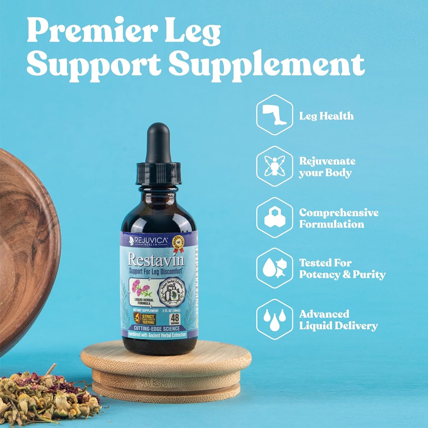 Liquid Leg Support Supplement with Vitamin C, Iron, Valerian, Turmeric, Magnesium - Rejuvica Health Restavin for Enhanced Absorption