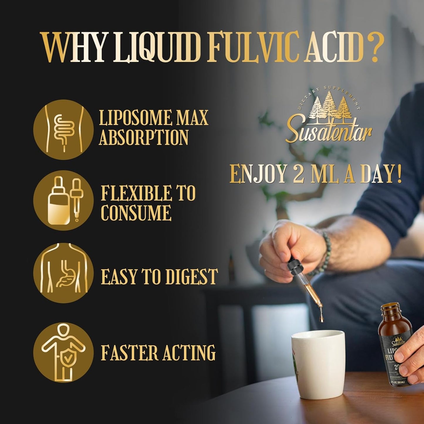 Liquid Liposomal Fulvic Humic Acid Drops - 2000 MG Trace Minerals Electrolyte Supplement - Hydration, Detox, Energy - pH Balance, Digestion, Immunity - 2 Oz