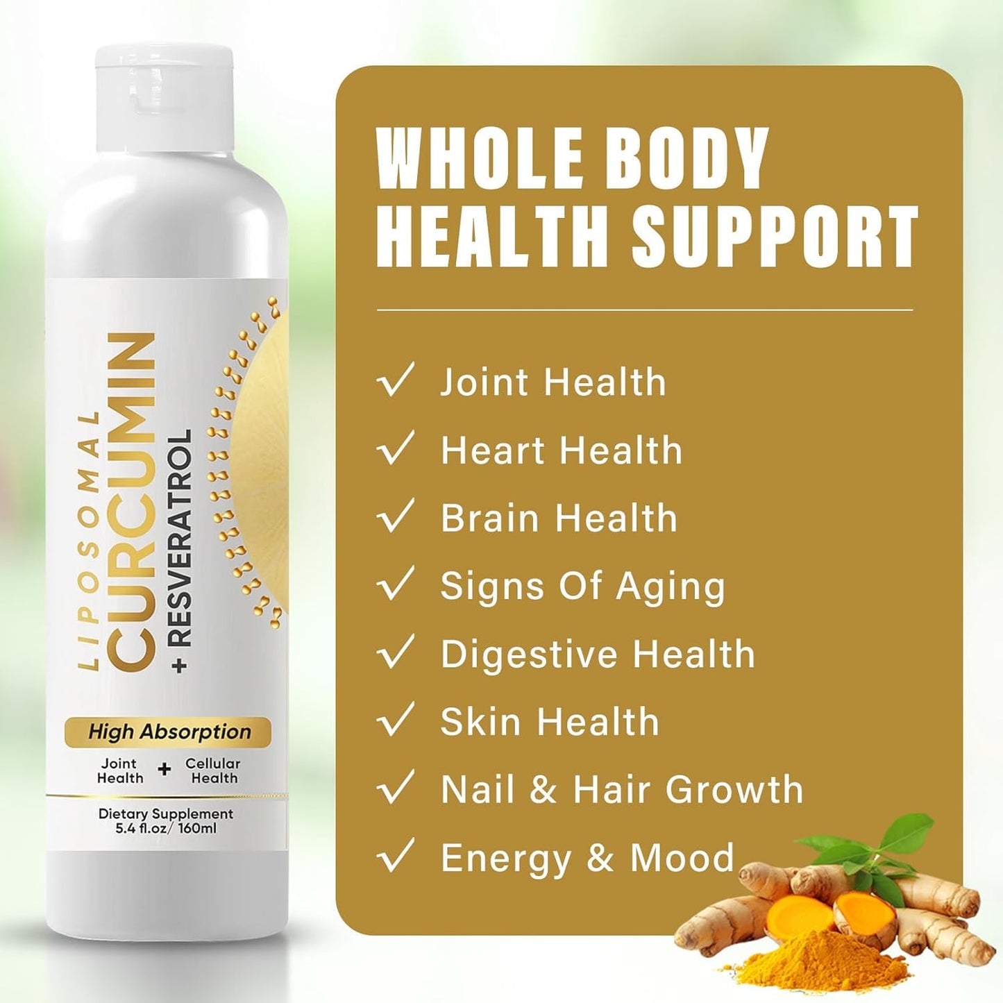 Liquid Liposomal Turmeric Curcumin Supplement for Joint Comfort & Cellular Health, High Absorption Formula