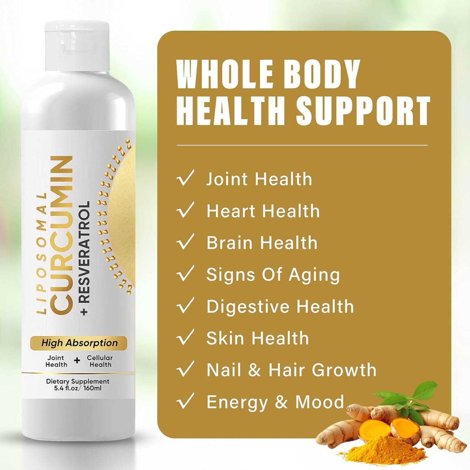 Liquid Liposomal Turmeric Curcumin Supplement for Joint Comfort & Cellular Health, High Absorption Formula