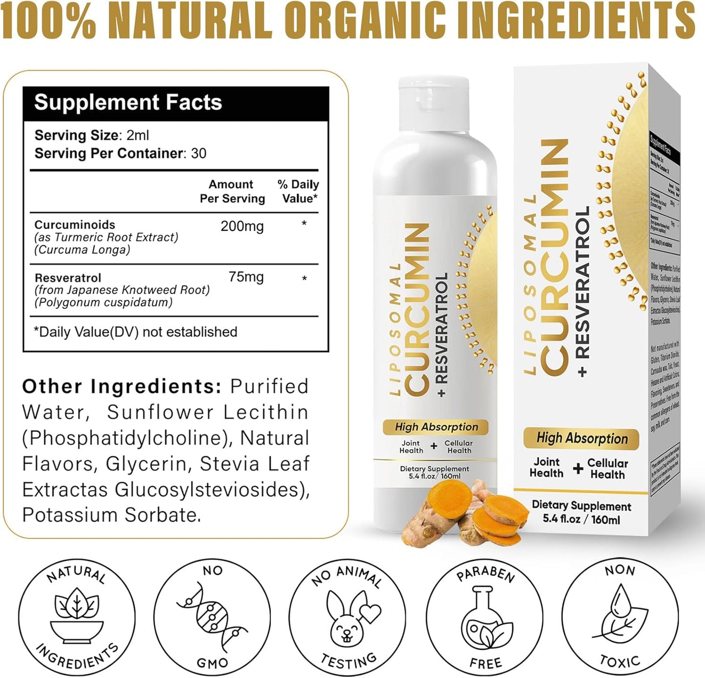 Liquid Liposomal Turmeric Curcumin Supplement for Joint Comfort & Cellular Health, High Absorption Formula