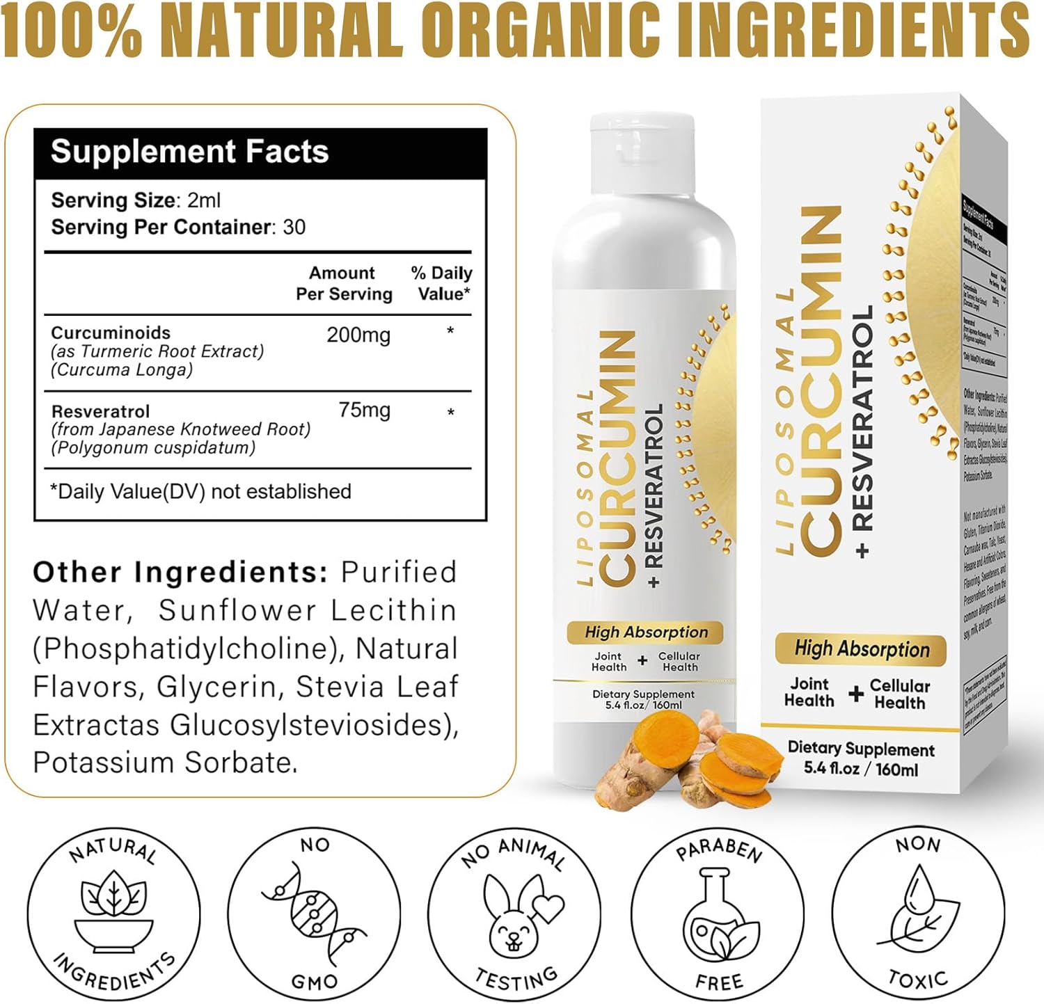 Liquid Liposomal Turmeric Curcumin Supplement for Joint Comfort & Cellular Health, High Absorption Formula