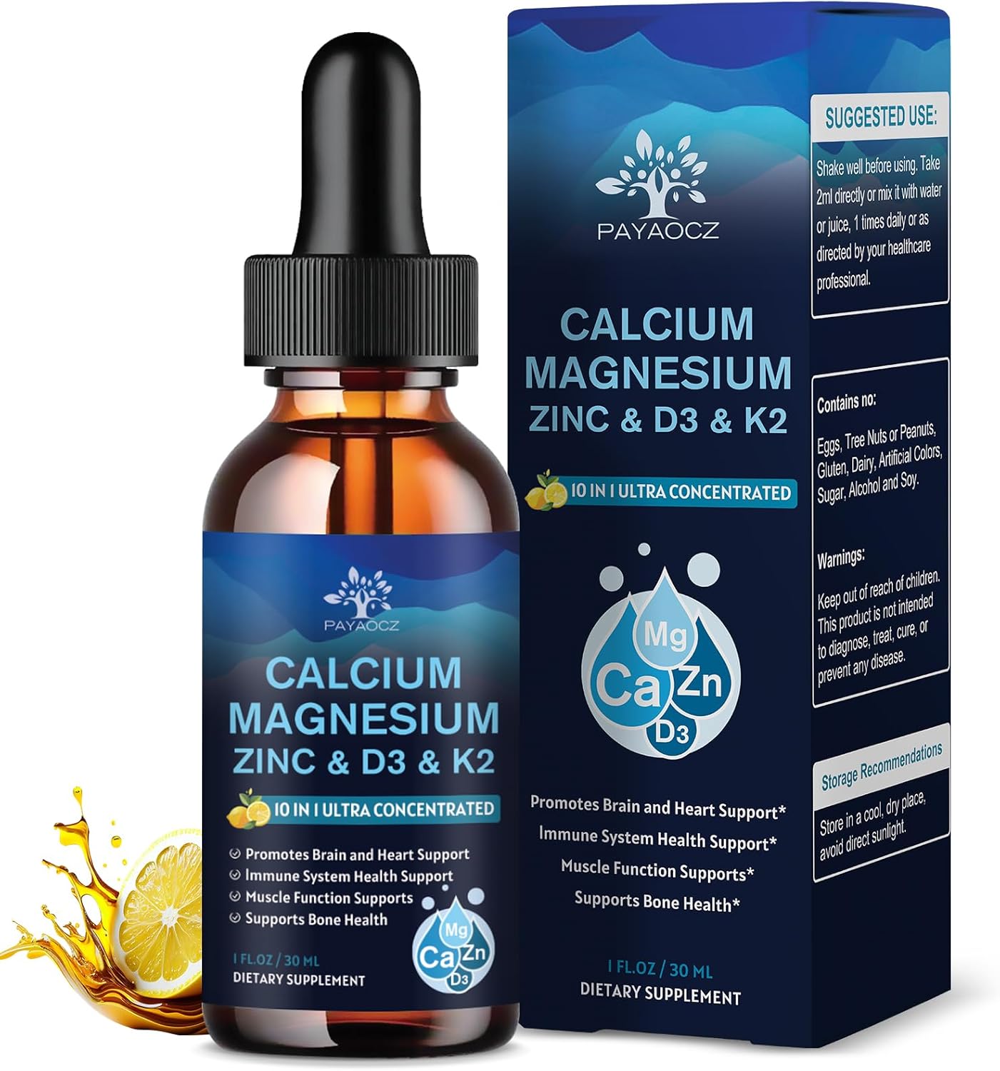 Liquid Magnesium Calcium Zinc Supplement with Vitamin C D3 K2 (2 Pack) - Immune Support, Bone Health, Sleep Aid - Vegan Formula with L-Theanine and Sea Moss Extract