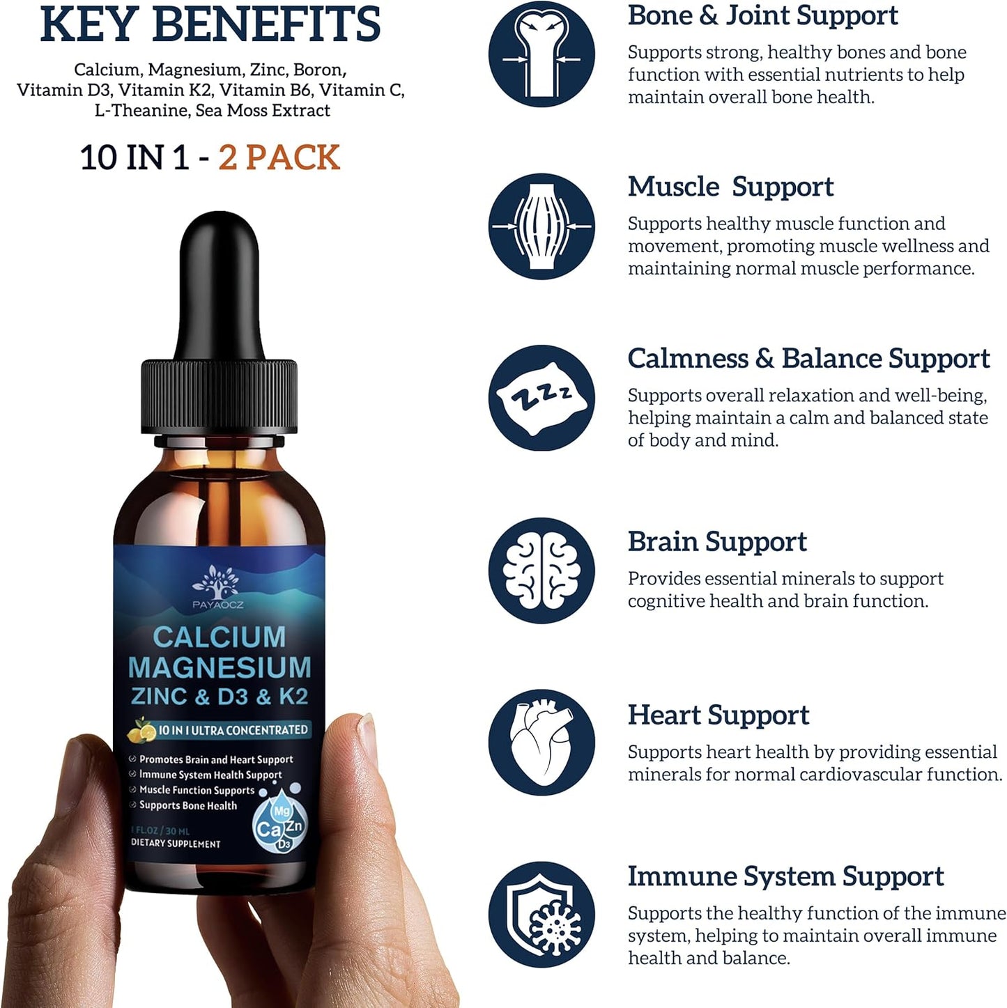 Liquid Magnesium Calcium Zinc Supplement with Vitamin C D3 K2 (2 Pack) - Immune Support, Bone Health, Sleep Aid - Vegan Formula with L-Theanine and Sea Moss Extract