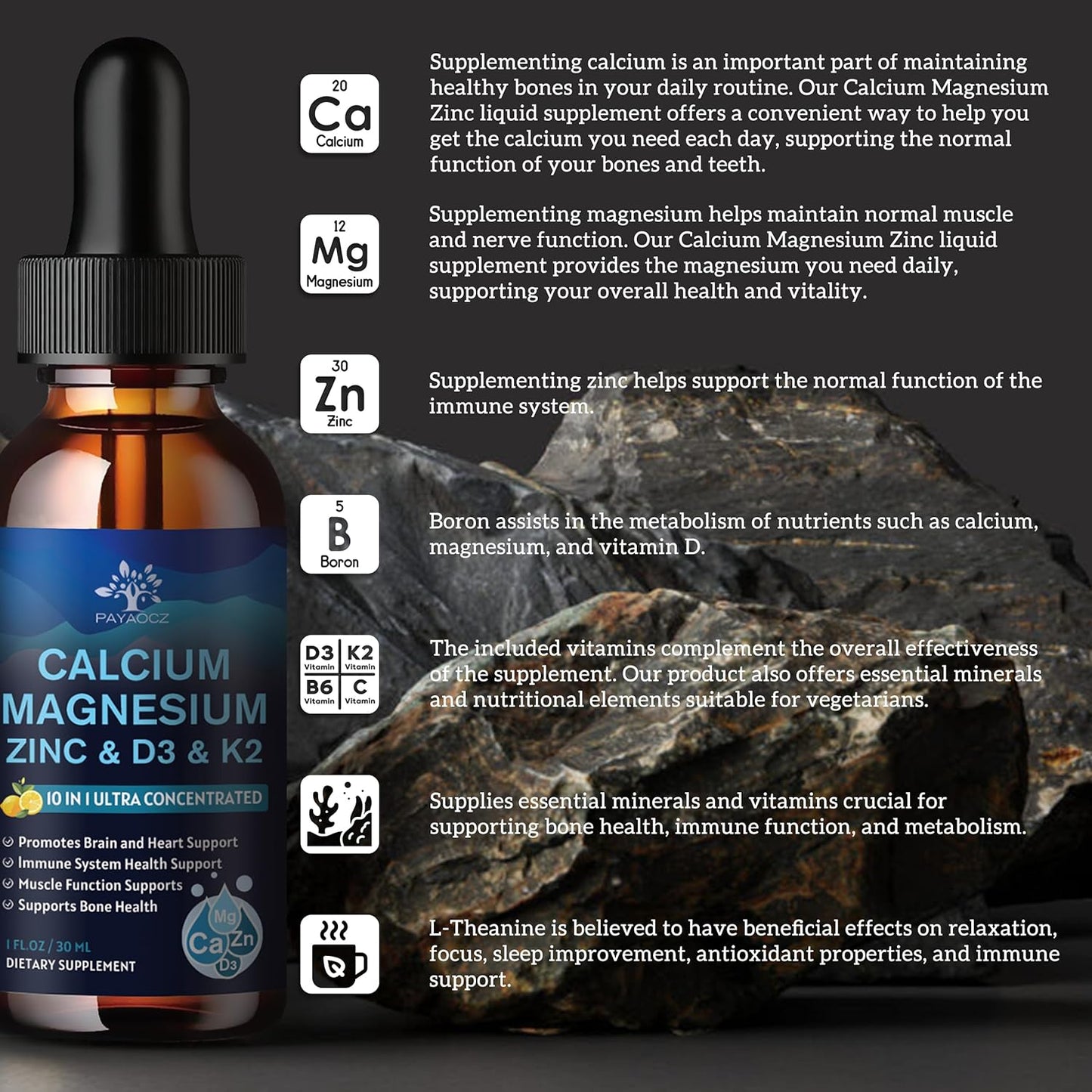 Liquid Magnesium Calcium Zinc Supplement with Vitamin C D3 K2 (2 Pack) - Immune Support, Bone Health, Sleep Aid - Vegan Formula with L-Theanine and Sea Moss Extract