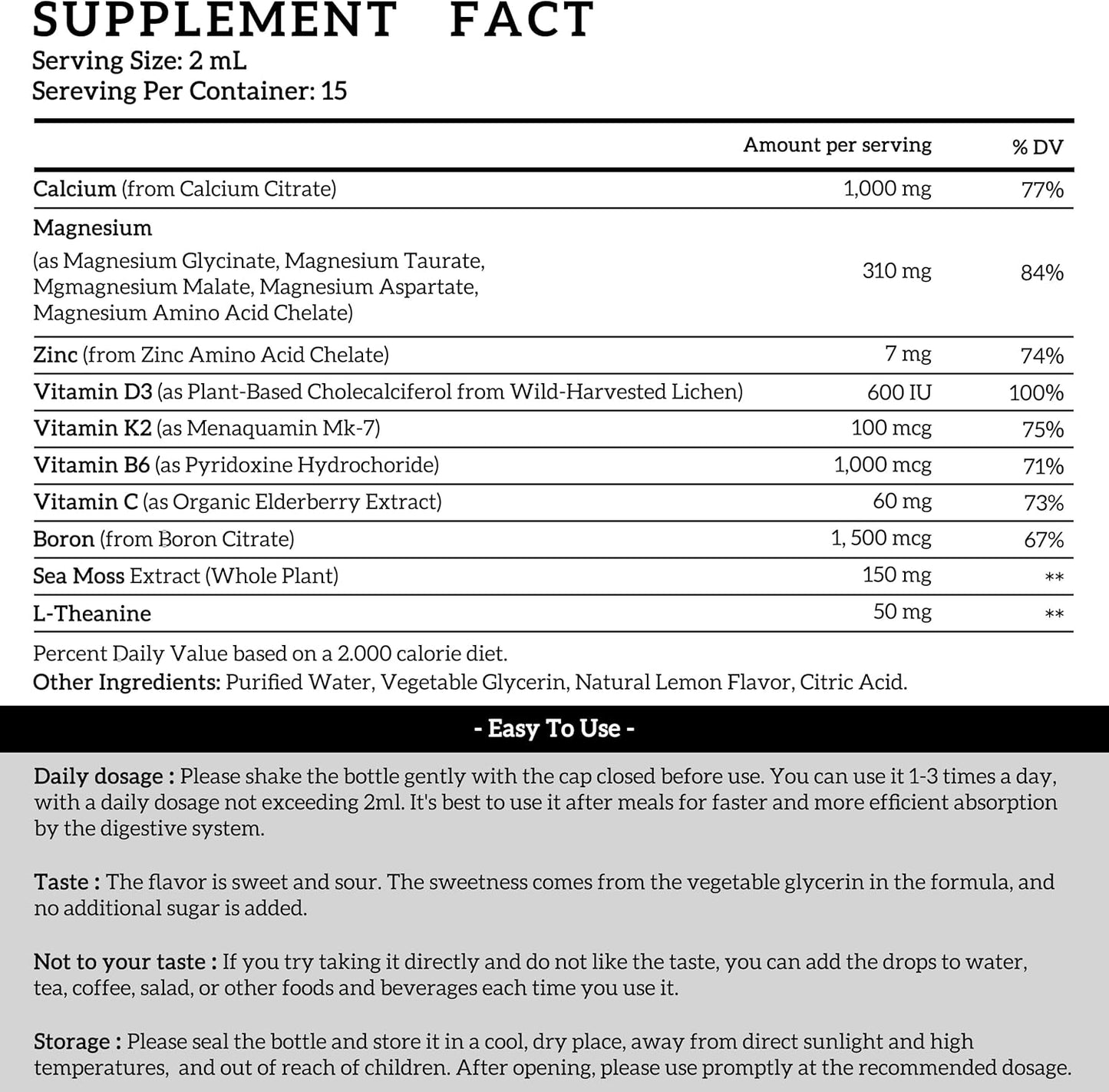 Liquid Magnesium Calcium Zinc Supplement with Vitamin C D3 K2 (2 Pack) - Immune Support, Bone Health, Sleep Aid - Vegan Formula with L-Theanine and Sea Moss Extract